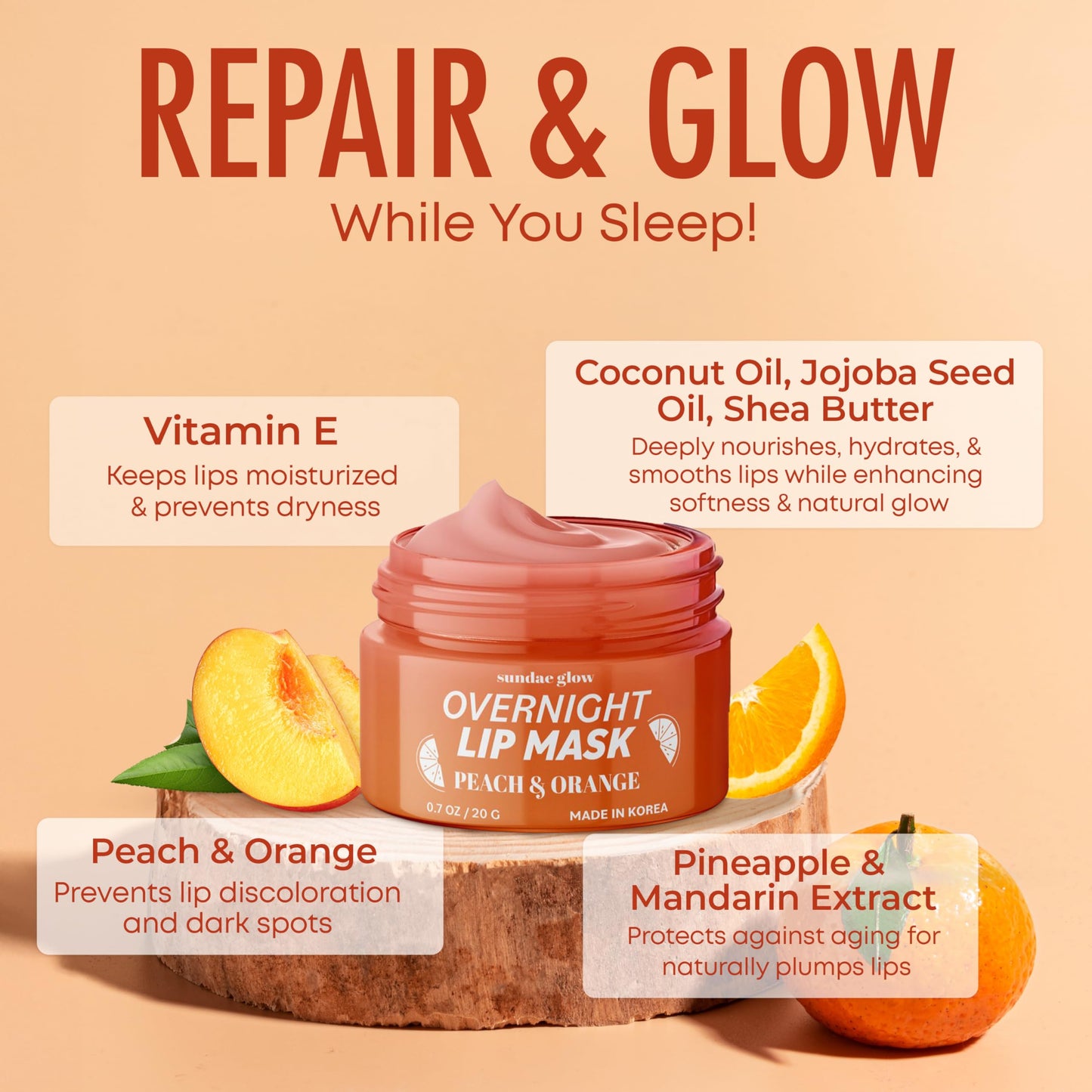 Sundae Glow Lip Mask with Peach & Orange - Hydration, Lip Repair for Dry Cracked Lips & Smoothing - Dermatologist Tested, Korean Lip Care - 95% Beauty & Personal Care Sundae Glow