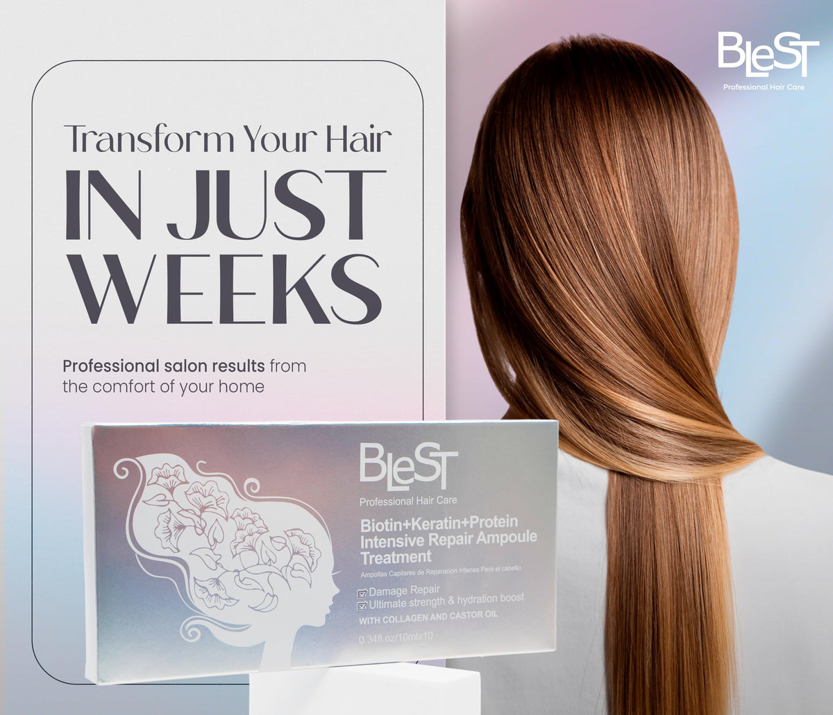 BLEST PROFESSIONAL HAIR CARE Intensive Repair Ampoules for Hair with Biotin Keratin Proteins Collagen and Castor Oil - Deep Hydration and