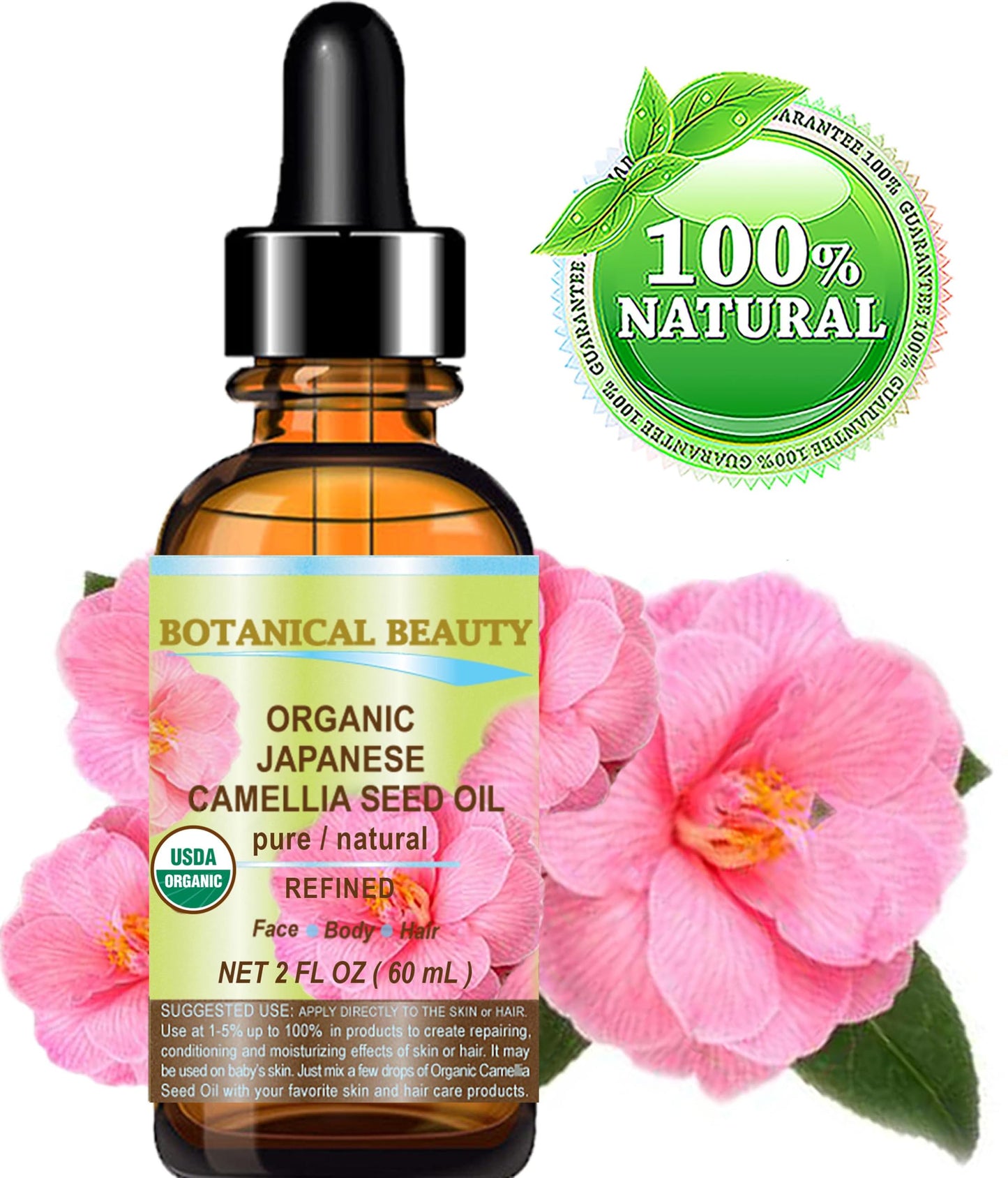 Botanical Beauty Japanese ORGANIC CAMELLIA Seed Oil. 100% Pure Natural Undiluted Refined Cold Pressed Carrier Oil to revitalize and rejuvenate the Beauty & Personal Care Botanical Beauty