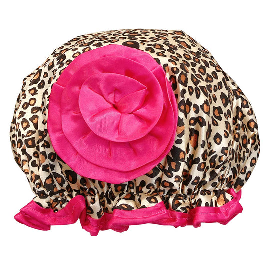 allydrew Stylish Satin Shower Cap - Brown Leopard & Pink Rose Beauty and Personal Care allydrew