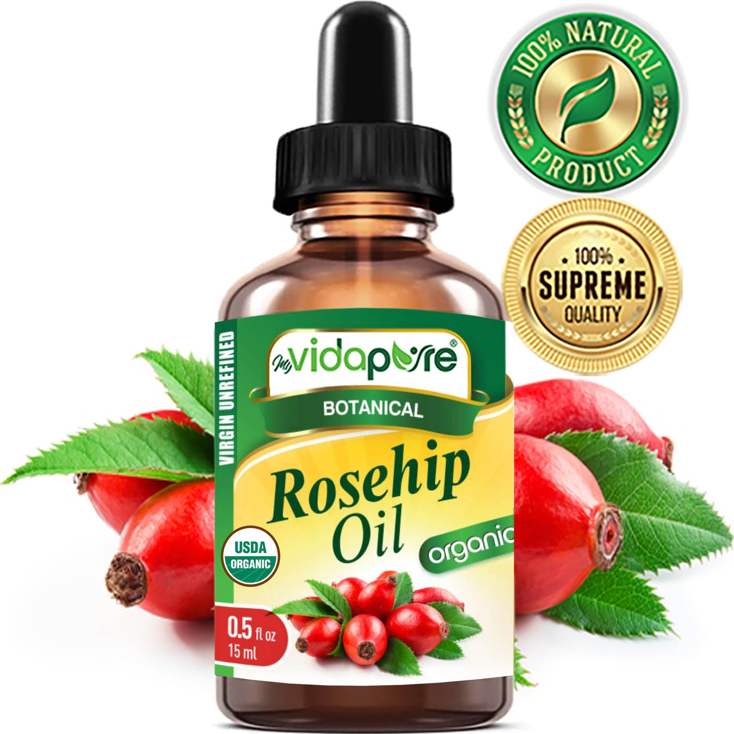 MYVIDAPURE Organic Rosehip Oil Certified Organic Wild Growth RAW Pure Virgin UNREFINED for Face, Body, Hair and Lip Care (0.5 Fl Oz) Beauty & Personal Care MYVIDAPURE