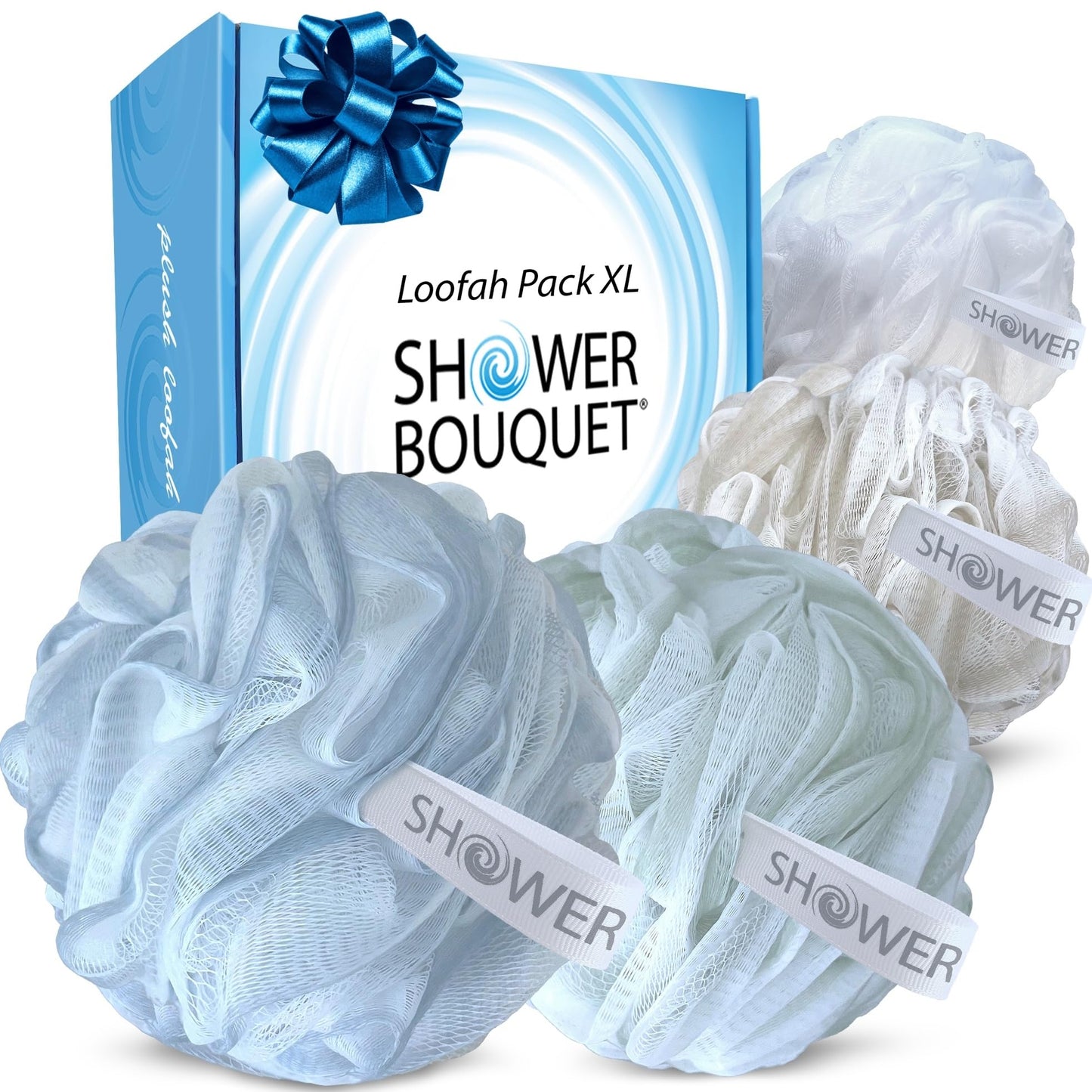 SHOWER BOUQUET Loofah-Bath-Sponge XL Soft-Pastel-Colors 4-Pack // Extra-Large 75g Mesh Luffa Loofa Loufa Puff Pouf Set/Exfoliating Body Scrubber Beauty & Personal Care Shower Bouquet