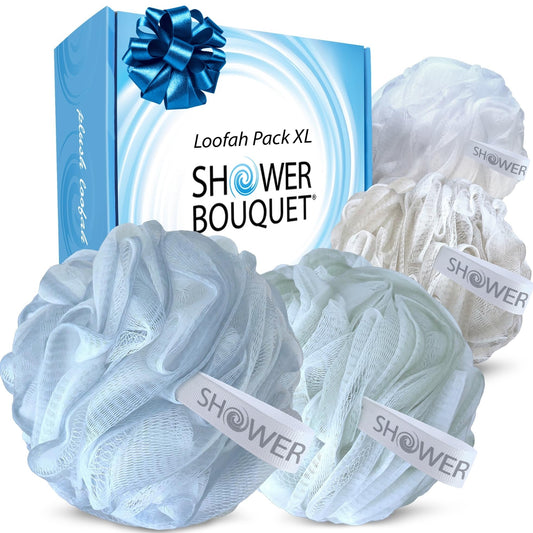 SHOWER BOUQUET Loofah-Bath-Sponge XL Soft-Pastel-Colors 4-Pack // Extra-Large 75g Mesh Luffa Loofa Loufa Puff Pouf Set/Exfoliating Body Scrubber Beauty & Personal Care Shower Bouquet