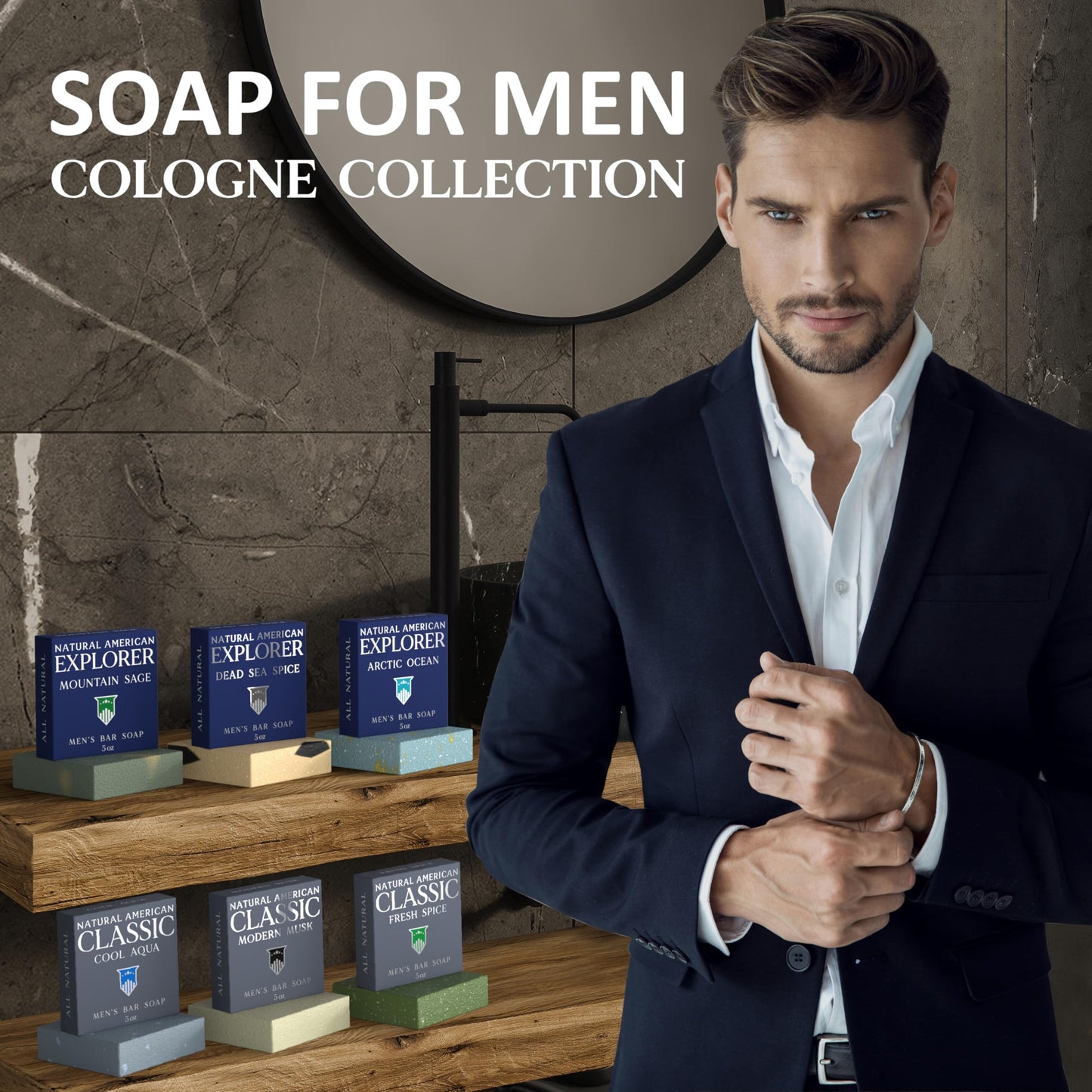NATURAL AMERICAN Men’s Bar Soap - Mens Cologne Scents, 100% All Natural, Essential Oils, Organic Shea Butter, No Harmful Chemicals - (6pk) Soap for a Beauty & Personal Care NATURAL AMERICAN