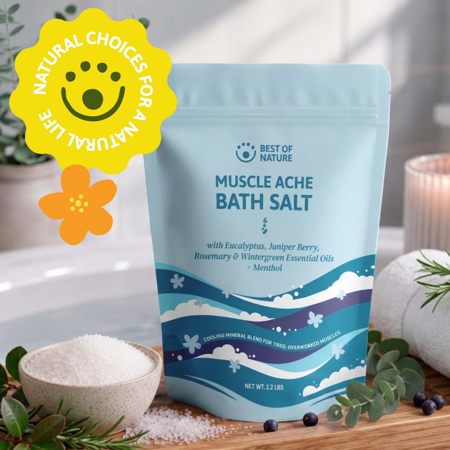 Best of Nature Muscle Ache Epsom Salt Bath Soak with Eucalyptus, Rosemary, Wintergreen & Menthol, Mineral-Rich Bath Salts, Resealable Bag, 2.2 lb Beauty and Personal Care Best of Nature