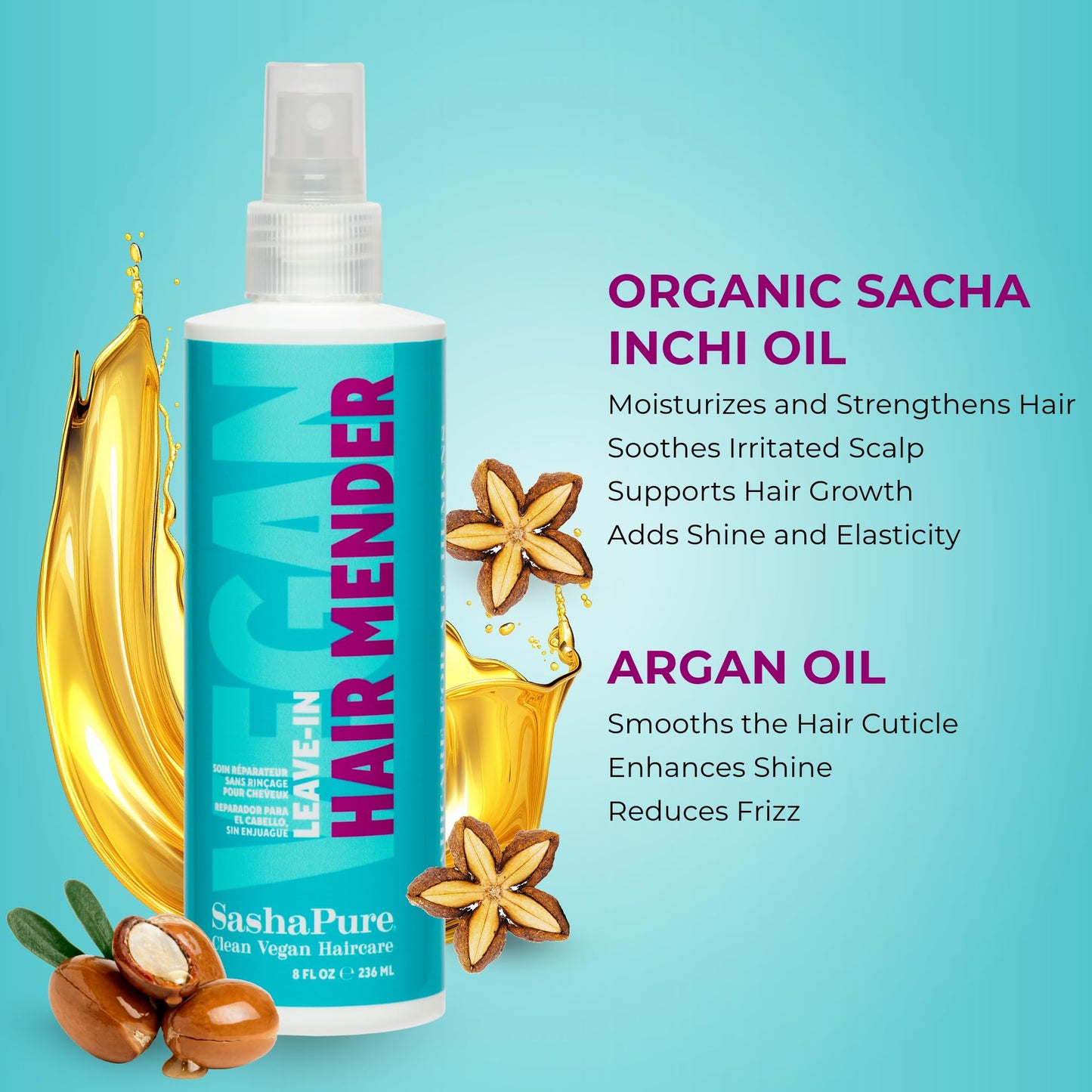 Sashapure Leave-In Hair Mender -Vegan Repair & Protection with Argan & Sacha Inchi Oil, Repairs Split Ends and Strengthens Hair, Hydrates and Restores Beauty & Personal Care Sashapure