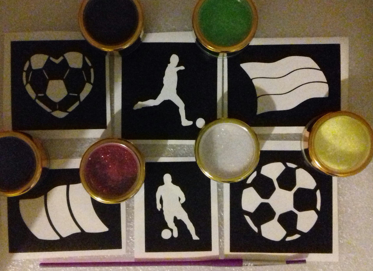 Football soccer World Cup glitter tattoo set including 30 stencils + 6 glitter colors + glue