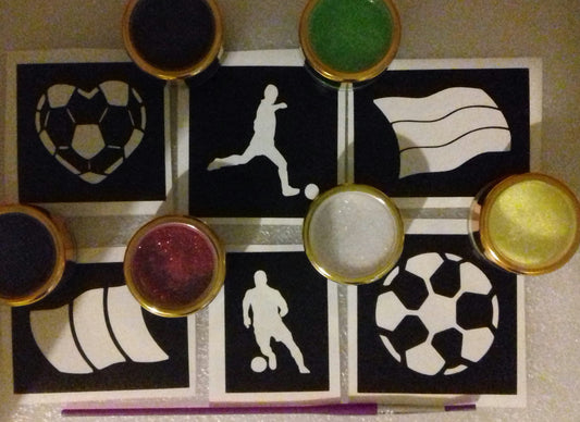 Football soccer World Cup glitter tattoo set including 30 stencils + 6 glitter colors + glue
