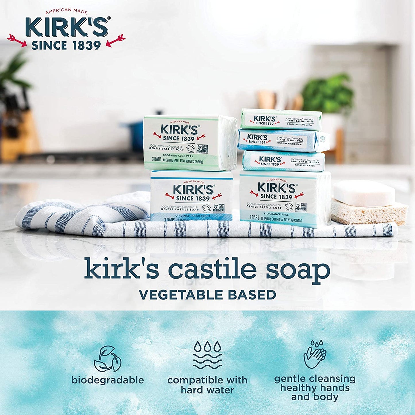 Castile Bar Soap by Kirk’s | Clean Soap for Men, Women & Children | Premium Coconut Oil | Sensitive Skin Formula, Vegan | Fragrance-Free/Unscented | Beauty & Personal Care Kirk's