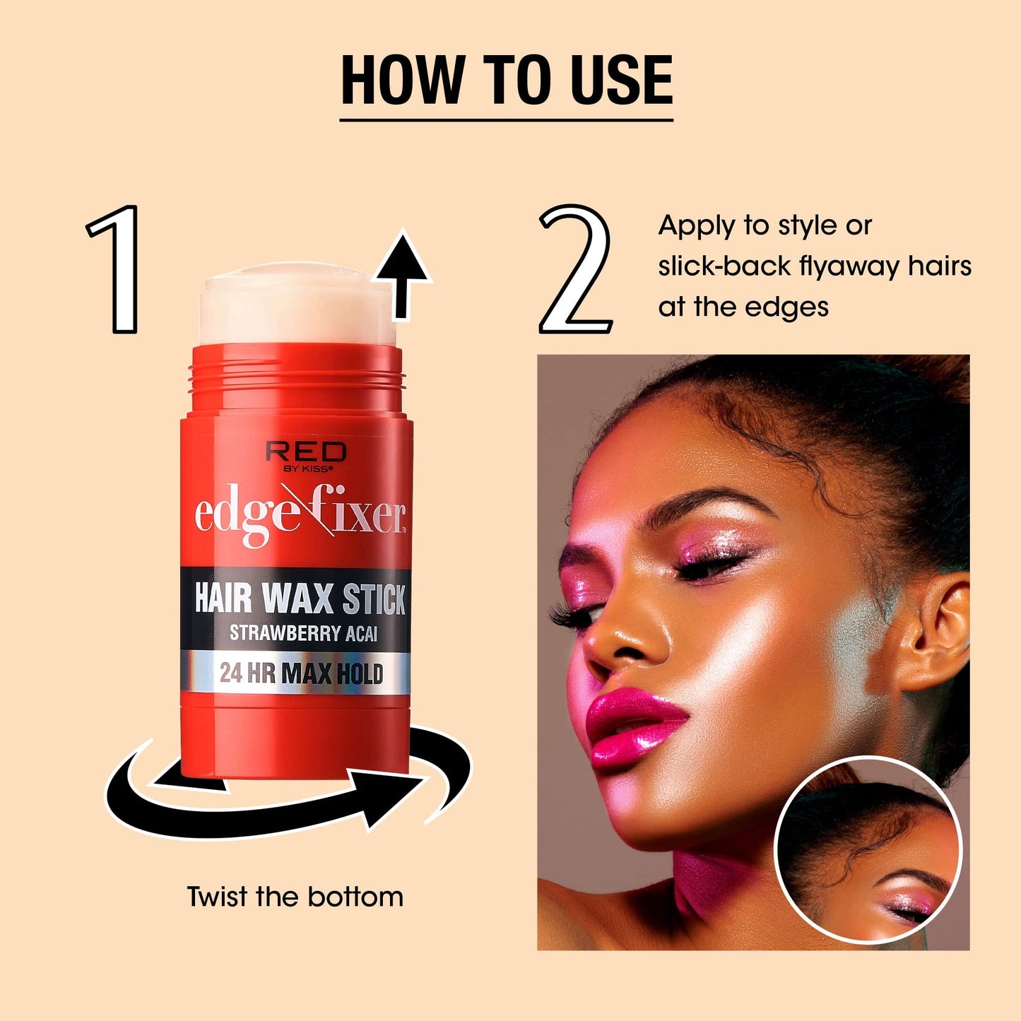 Red by Kiss Hair Wax Stick 24HR Max Hold Edge Fixer Edge Control Pomade Non-Sticky, Non-Oily Flake Free Hair Styling Wax (Strawberry Acai) Beauty & Personal Care Red by Kiss
