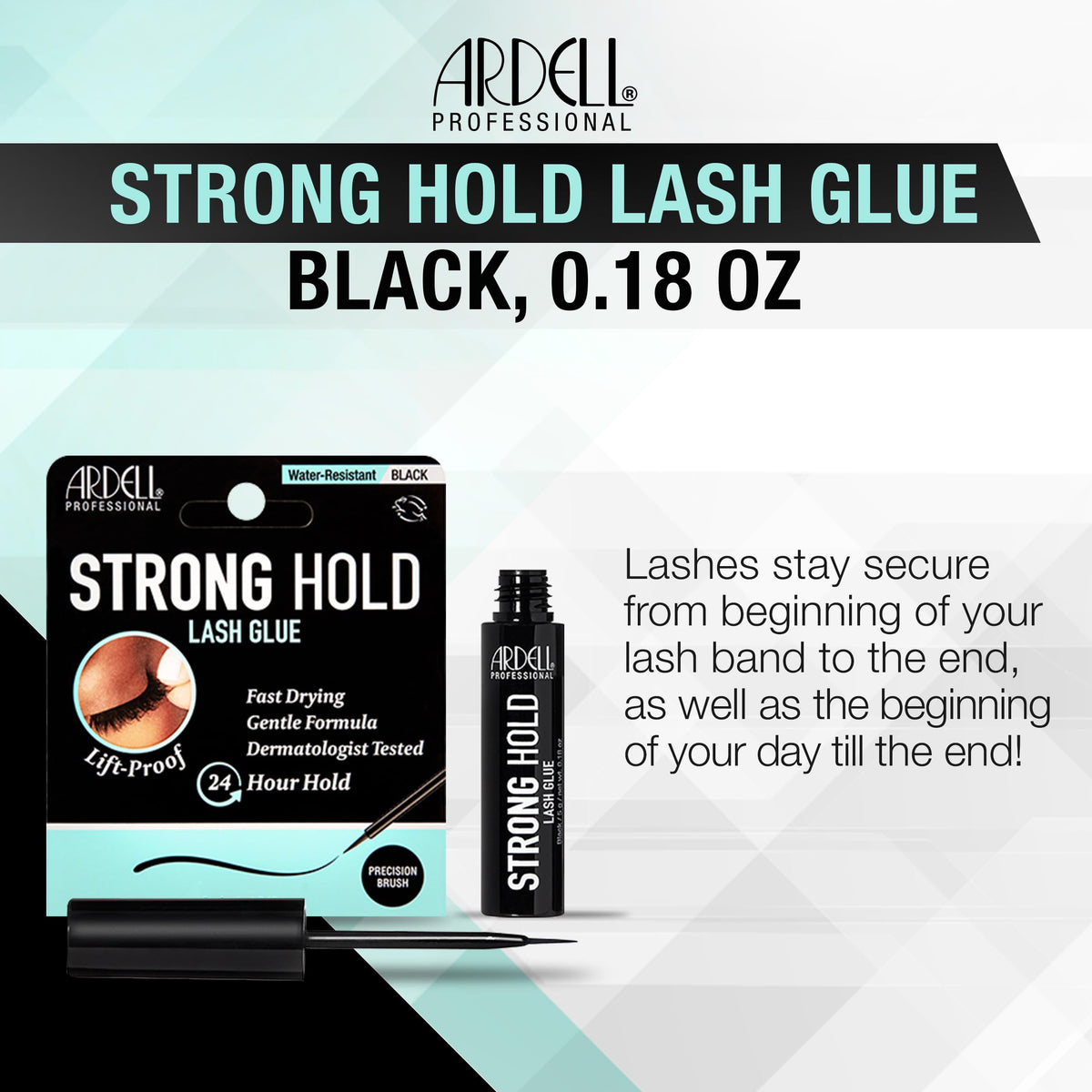 Ardell Strong Hold Lash Glue, Black - Professional Waterproof Lash Adhesive for Strip Lashes with Precision Brush, Fast-Drying 24-Hour Lift-Proof