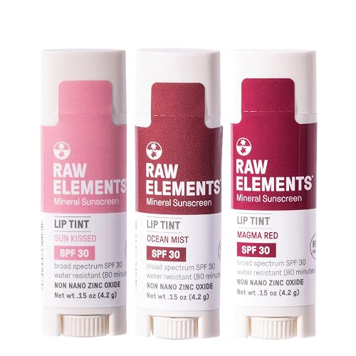 Raw Elements Tinted Lip Sun Kissed, Ocean Mist, Magma Red SPF 30 .15 oz Sunrise Pack Beauty & Personal Care Raw Elements