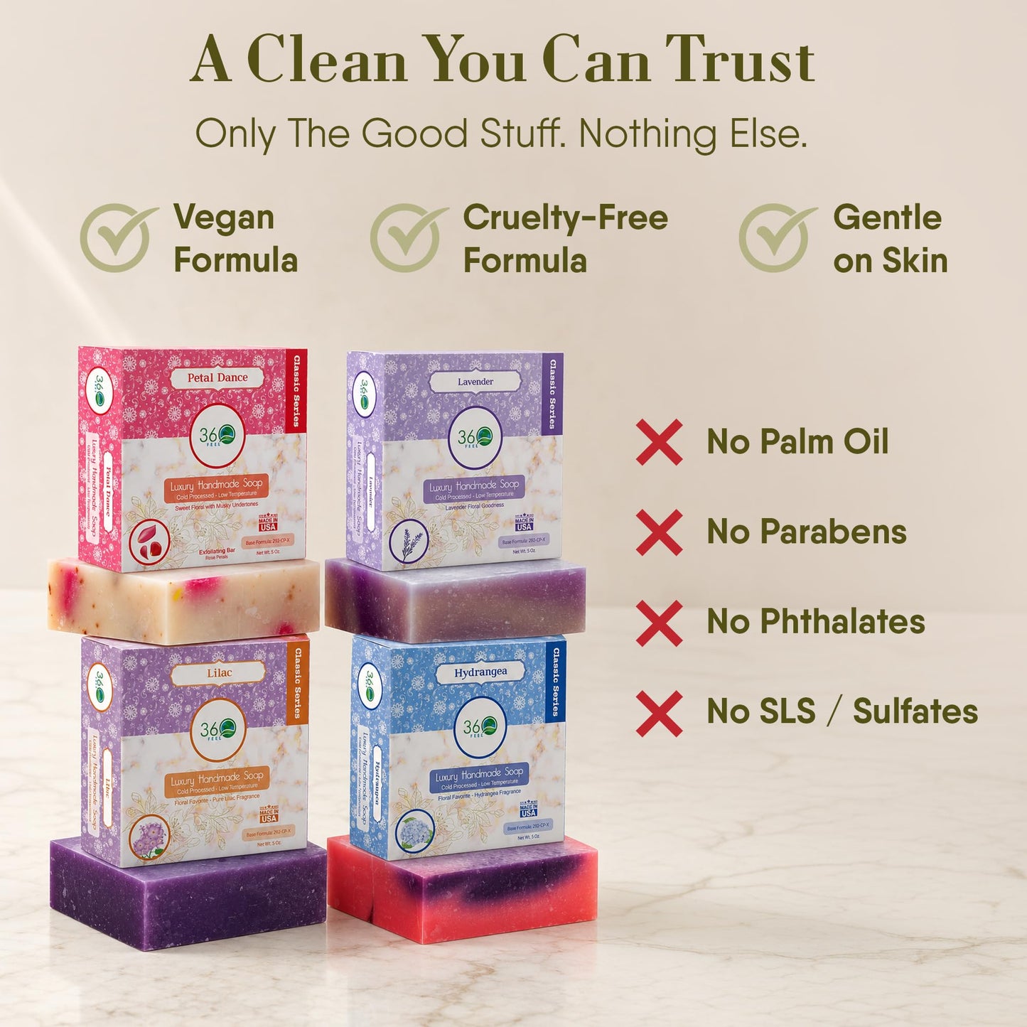 360 Feel - Floral Bar Soap Set - Made in the USA - Castile Handmade All Natural Cold Processed - Infused with Lavender, Lilac , Hydrangea & Petal Beauty & Personal Care 360Feel