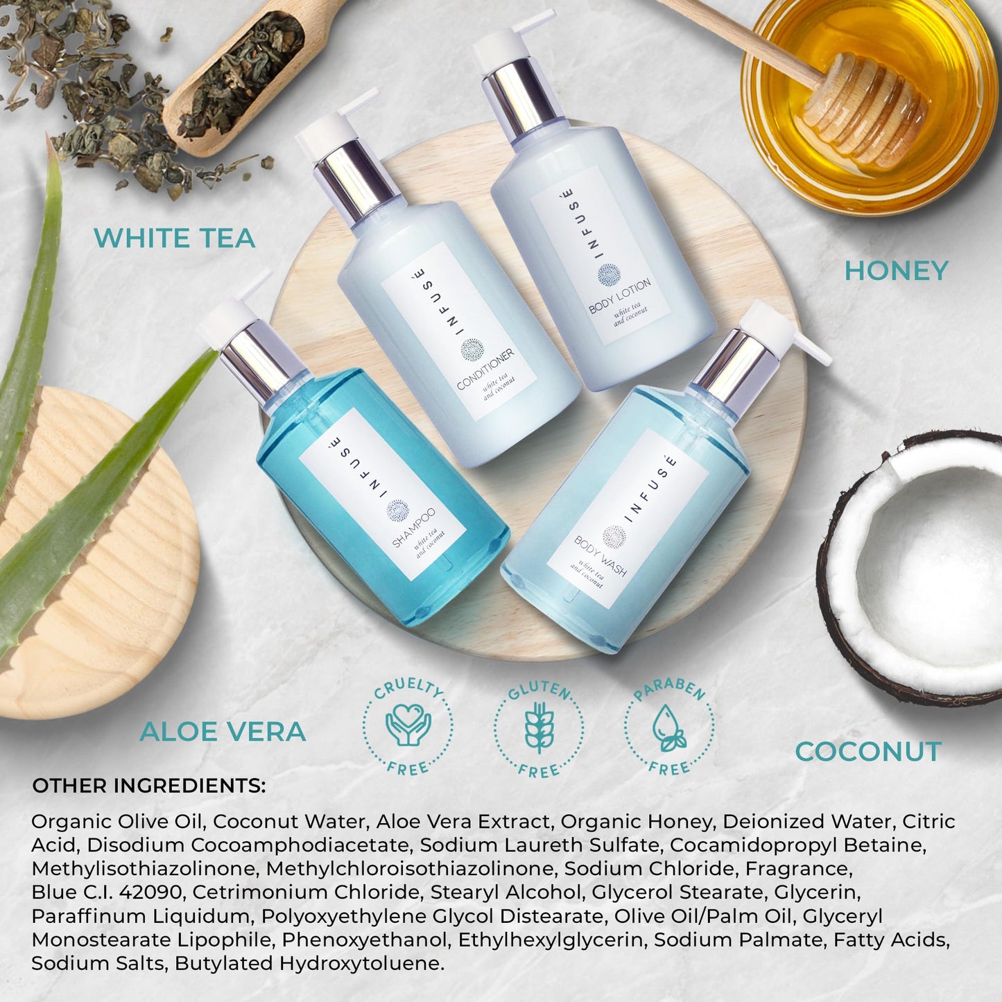 1-Shoppe Infuse 4 Piece Ecobox All-In-Kit | White Tea and Coconut Soap | 1 Shampoo, 1 Conditioner, 1 Body Wash and 1 Lotion | 10.14 oz Hotel Soaps Beauty & Personal Care Terra Pure