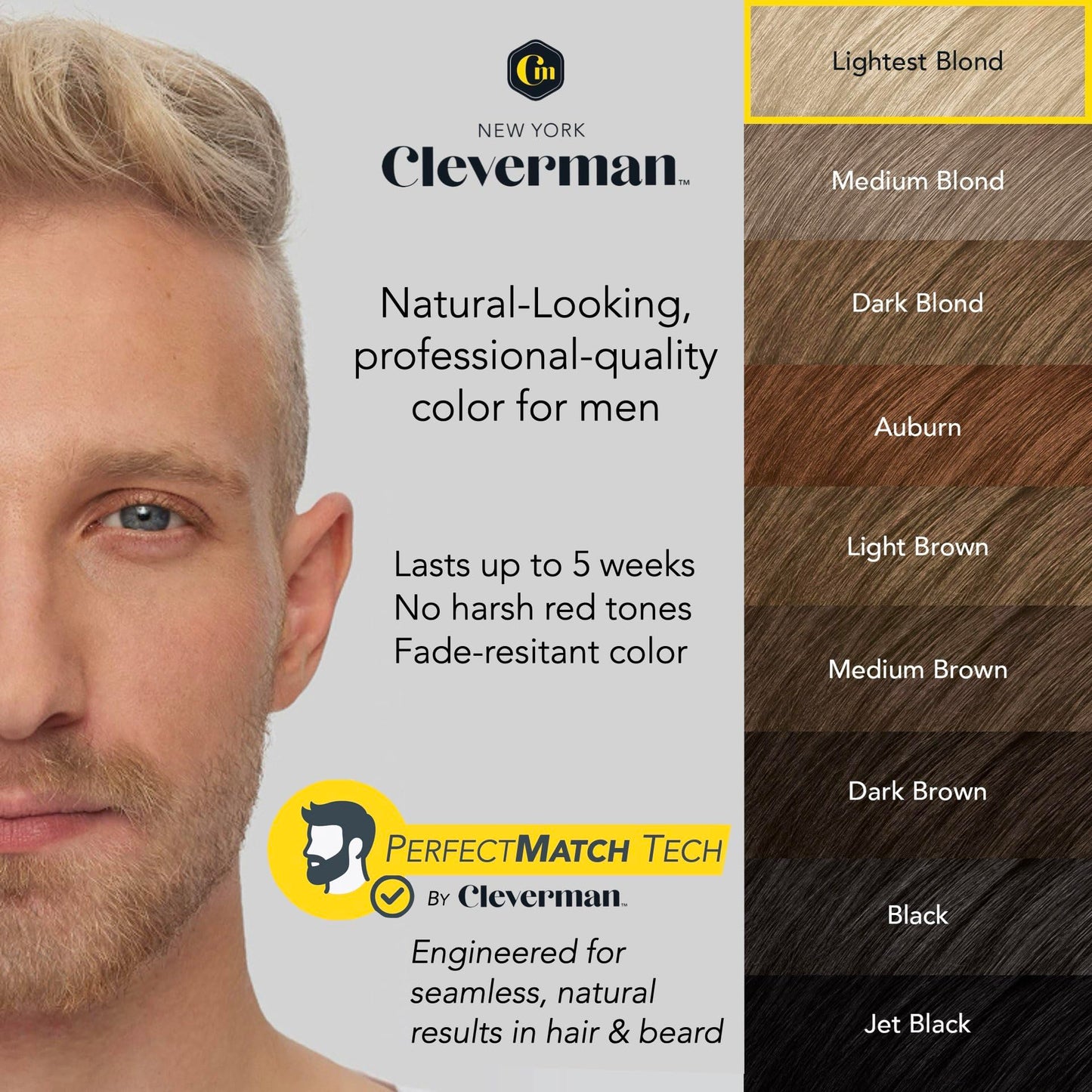 Reusable Hair & Beard Dye for Men - Lightest Blond | Up to 5 Uses, 7 Minutes | Natural Gray Coverage, No-Drip Cream with SkinArmour® - Cleverman Beauty & Personal Care CLEVERMAN