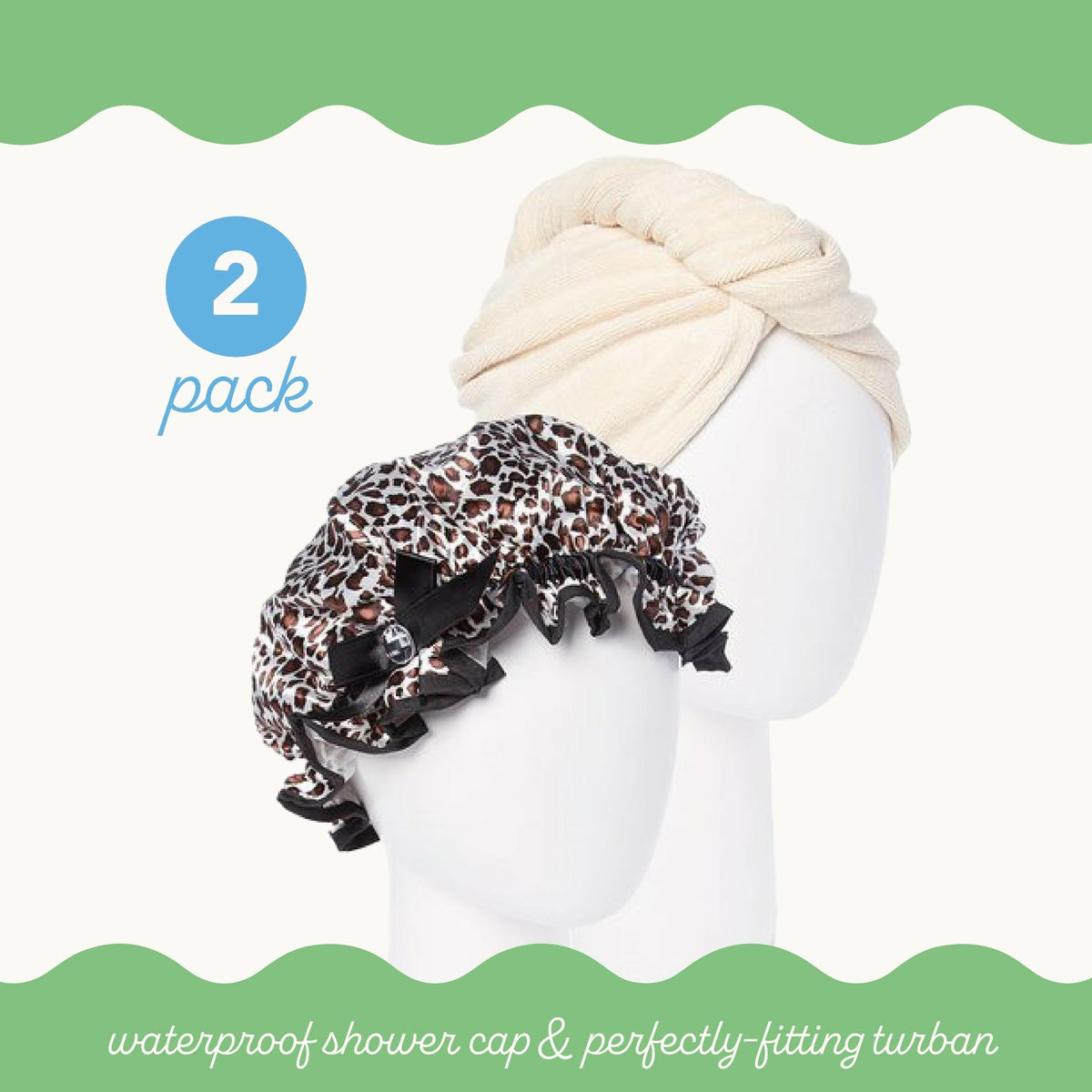 Turbie Twist Wet Day/Dry Day Combo Pack - Tan & Leopard Print - Includes Microfiber Hair Towel & Stylin' Shower Cap - For All Hair Types, Textures &