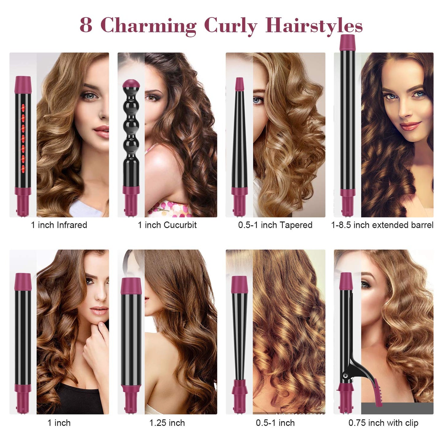 IG INGLAM Curling Iron Wand Set, 8 in-1 Interchangeable Ceramic Barrels with Infrared, Cucurbit, Tapered, Extended, 1in, 1 1/4 in, 3/4in Barrels Beauty & Personal Care IG INGLAM