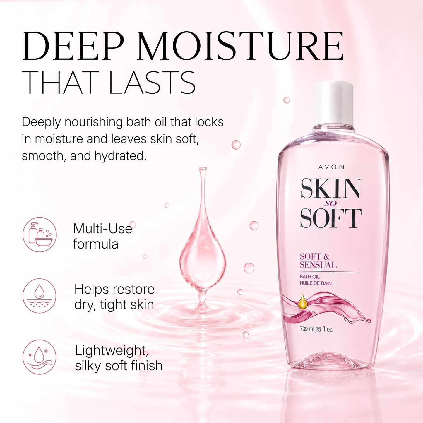 AVON Skin So Soft Bonus-Size Soft & Sensual Bath Oil for Women - 25 fl oz, Scented Moisturizer for Dry Skin - Deeply Hydrating Body Oil for Bath Beauty and Personal Care AVON