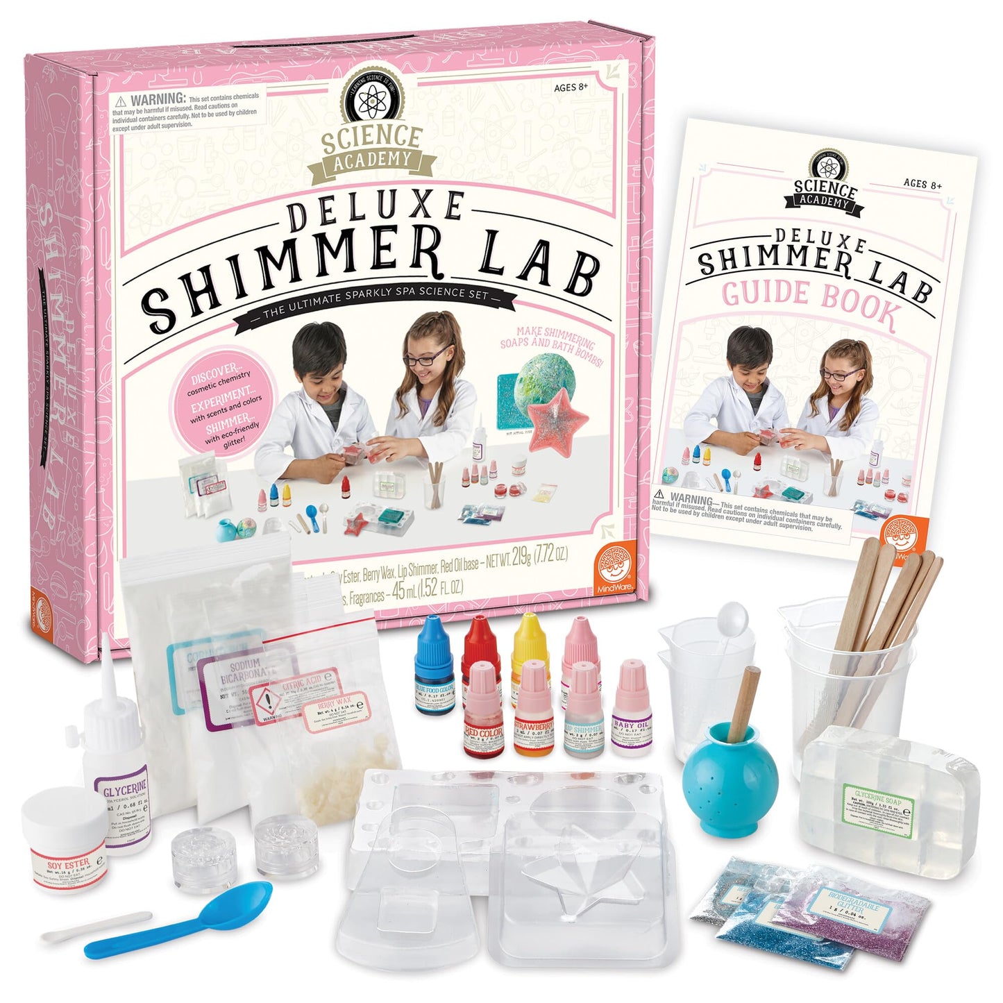 MindWare Science Academy Deluxe Shimmer Lab - Kit Includes 40pcs to Teach Kids & Teens Cosmetic Chemistry - Boys & Girls Make DIY Bath Bombs, Lip Balm Beauty and Personal Care MindWare