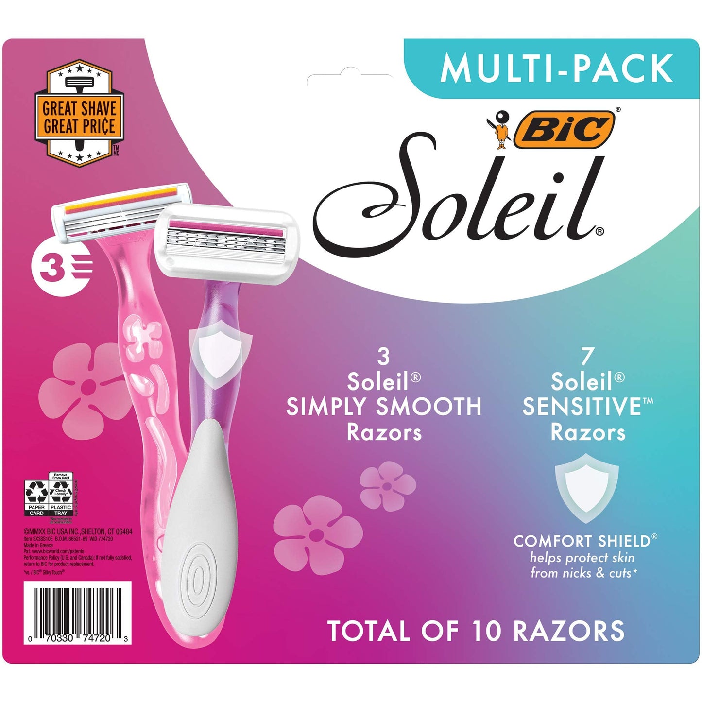 BIC Soleil Simply Smooth Women's Disposable Razors; 3 Blades With Moisture Strip For a Silky Smooth Shave; 10-Count Beauty and Personal Care BIC