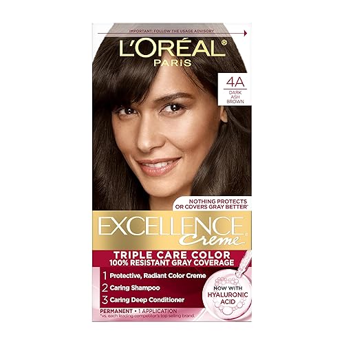 L'Oreal Paris Excellence Crème Permanent Hair Dye, Triple Care Hair Color with Hyaluronic Acid for 100% Gray Coverage, 4A Dark Ash Brown, 1 Kit Beauty & Personal Care L'Oreal Paris