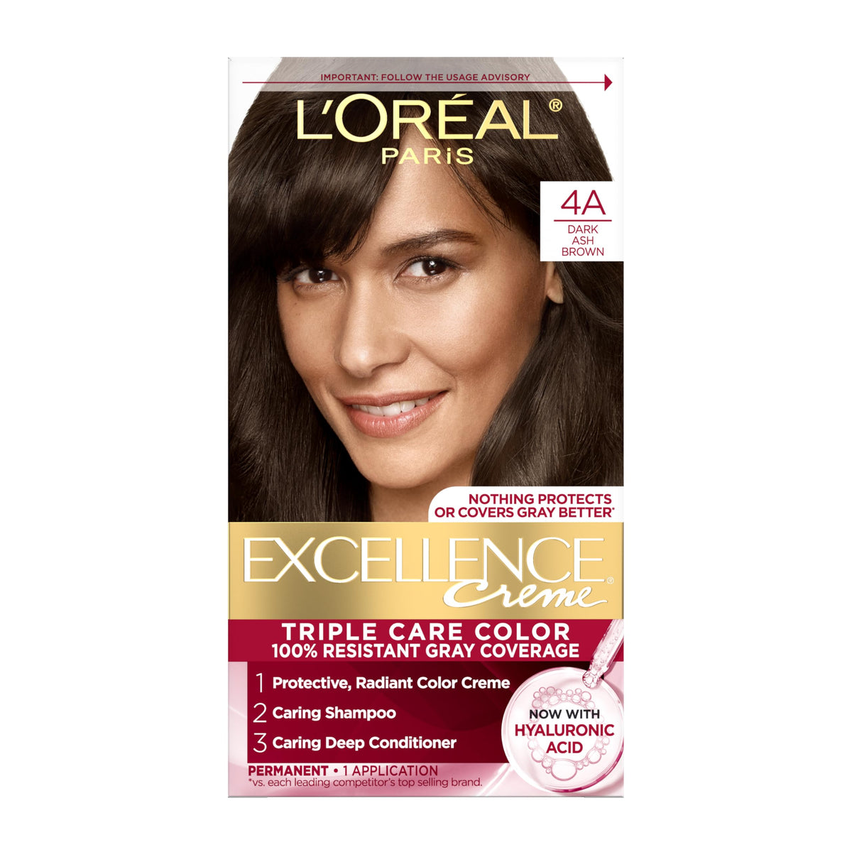 L'Oreal Paris Excellence Crème Permanent Hair Dye, Triple Care Hair Color with Hyaluronic Acid for 100% Gray Coverage, 4A Dark Ash Brown, 1 Kit Beauty & Personal Care L'Oreal Paris