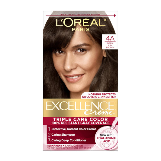 L'Oreal Paris Excellence Crème Permanent Hair Dye, Triple Care Hair Color with Hyaluronic Acid for 100% Gray Coverage, 4A Dark Ash Brown, 1 Kit Beauty & Personal Care L'Oreal Paris
