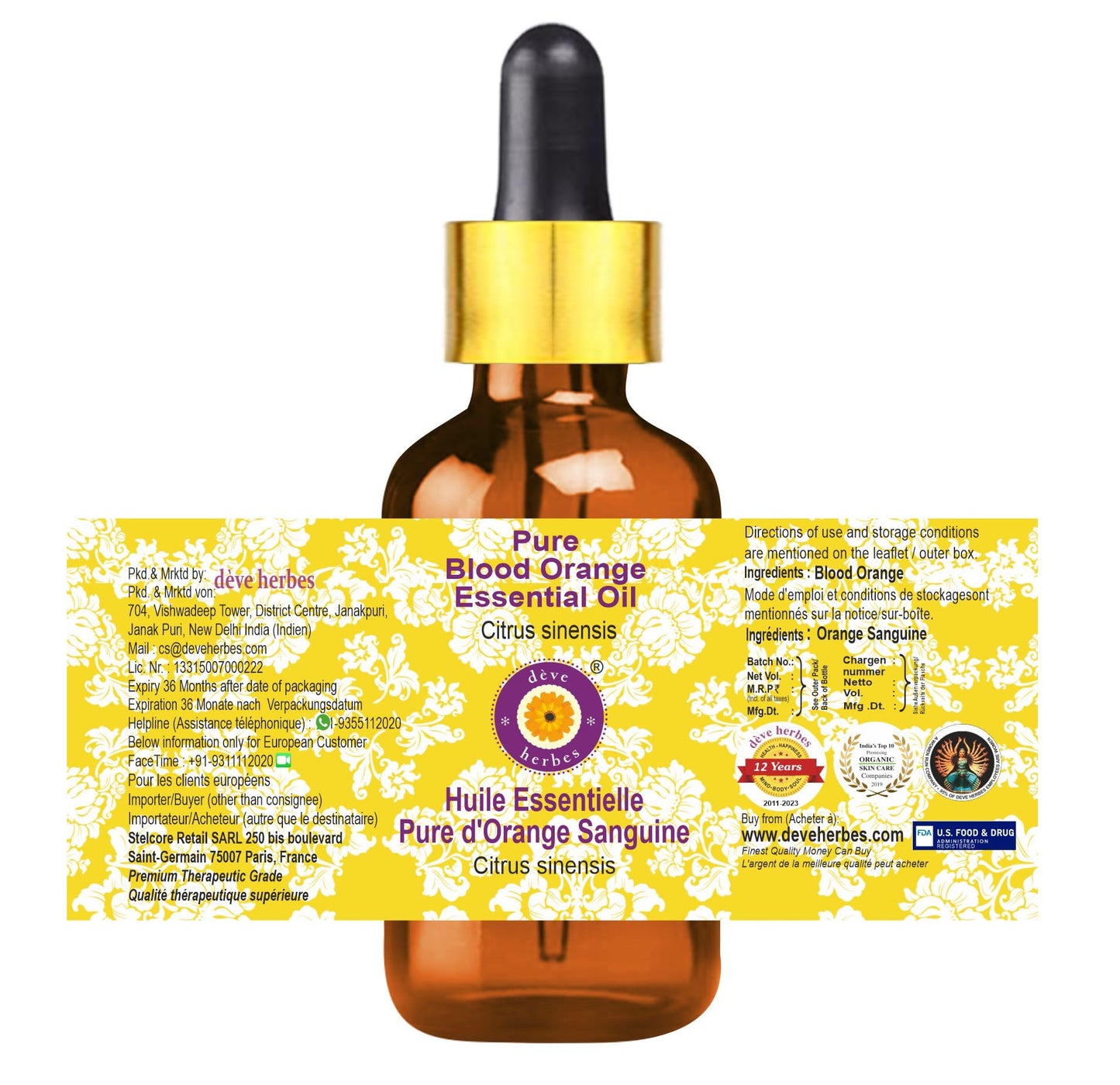 dève herbes Blood Orange Essential Oil (Citrus sinensis) with Glass Dropper - Pure - Non-Sticky - Non-Greasy - Lightweight - Men & Women - All Skin Beauty and Personal Care dève herbes