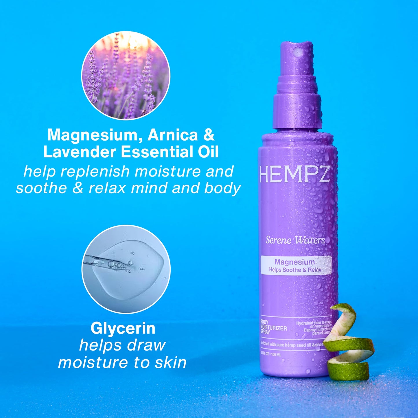 Hempz Magnesium Body Spray, Serene Waters, Soothing and Hydrating Moisturizer Mist with Arnica, Travel Friendly, 3.4 fl.oz. Beauty & Personal Care Hempz