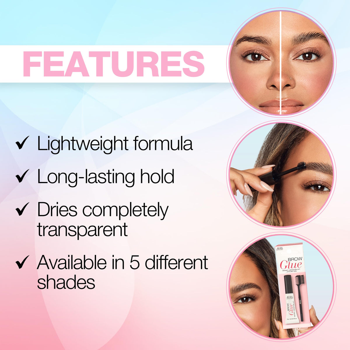 Ardell Brow Glue Crystal Clear - Instant Lamination Brow Gel with Styling Brush, All-Day Extreme Hold Eyebrow Gel Clear for Fluffy, Defined Brows,