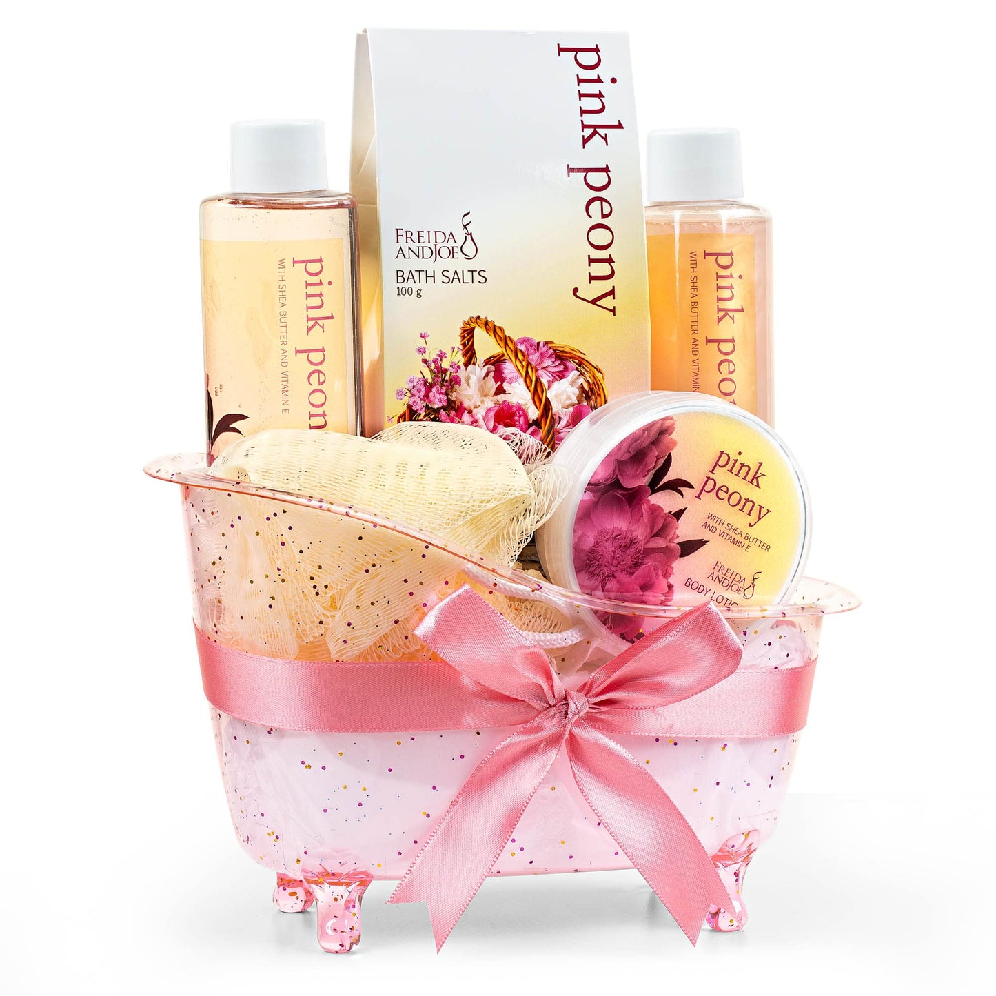 Home Spa Gift Basket Peony Spa Set For Women, Contains Shower Gel, Bubble Bath, Body Lotion, Peony Bath Salt & Puff in a Pink Feminine Tub - Mother's Beauty & Personal Care Freida and Joe