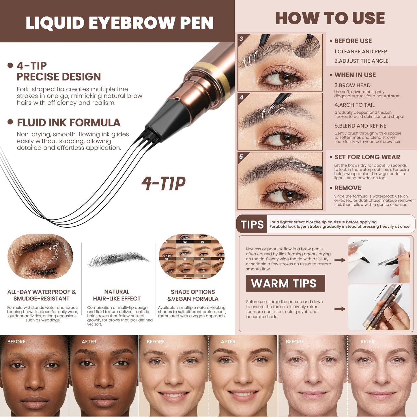 2 Pack 4-Tip Microblading Eyebrow Pen with 2 Brow Brushes, Waterproof Vegan Formula Eyebrow Pencils for Women to Effortlessly Create Natural Hair-Like Beauty and Personal Care Espoce