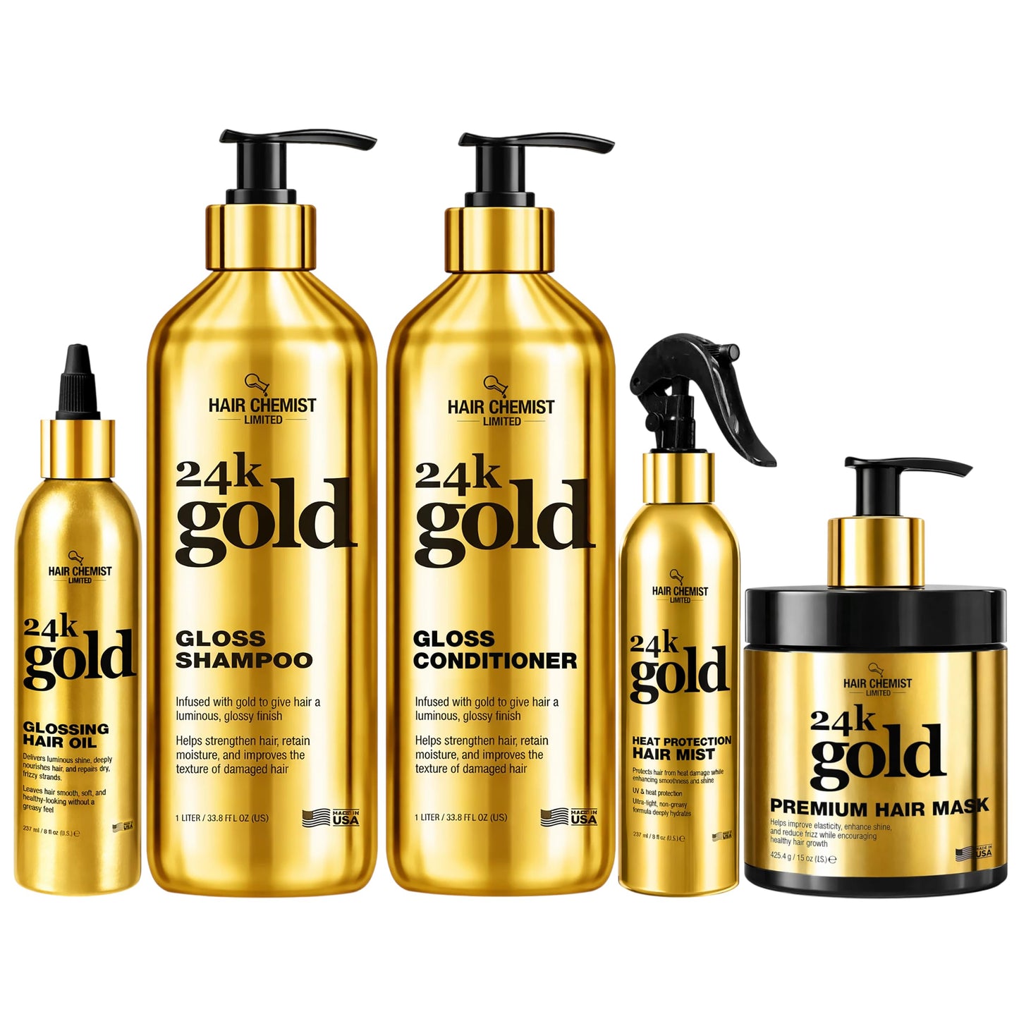 Hair Chemist 24K Gold 5-PC Complete Hair Care Set - Large Shampoo, Conditioner, Hair Oil, Hair Mist & Deep Hair Mask - Strengthening, Hydrating Beauty & Personal Care Hair Chemist