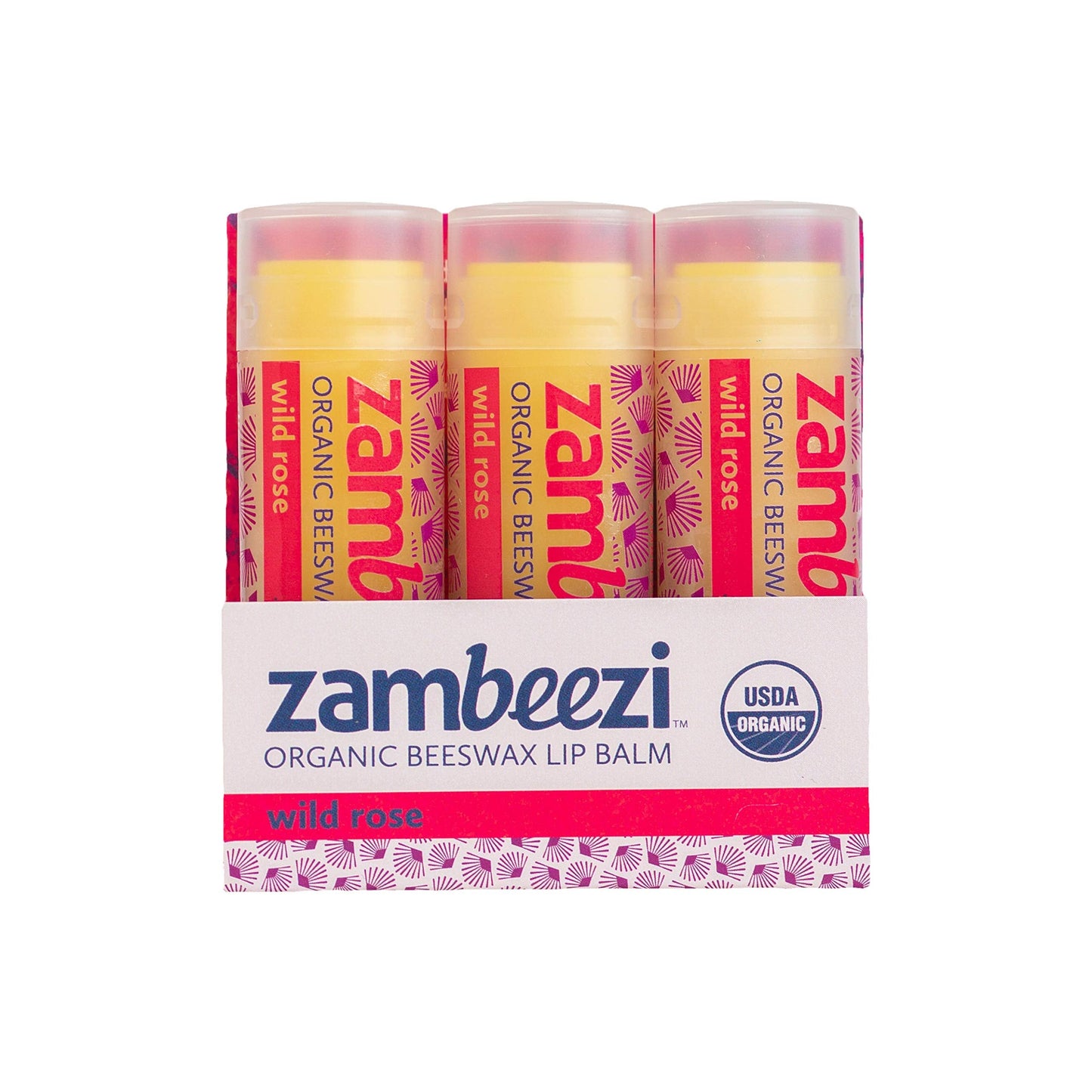 ZAMBEEZI Organic, Fair Trade Beeswax Lip Balm - Wild Rose 3 Pack - Ethically Sourced Beauty and Personal Care Zambeezi