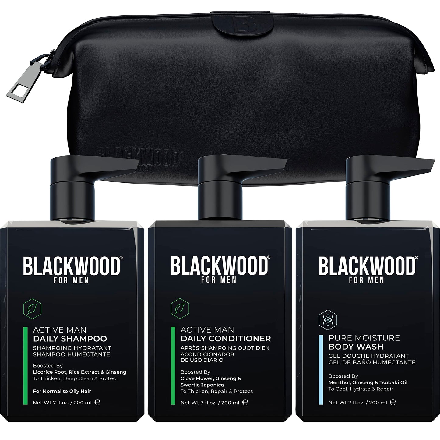 BLACKWOOD FOR MEN Dapper Dad Set including Travel Bag, Active Man Shampoo, Active Man Conditioner, & Pure Moisture Body Wash - Natural Vegan Formula Beauty & Personal Care Blackwood For Men