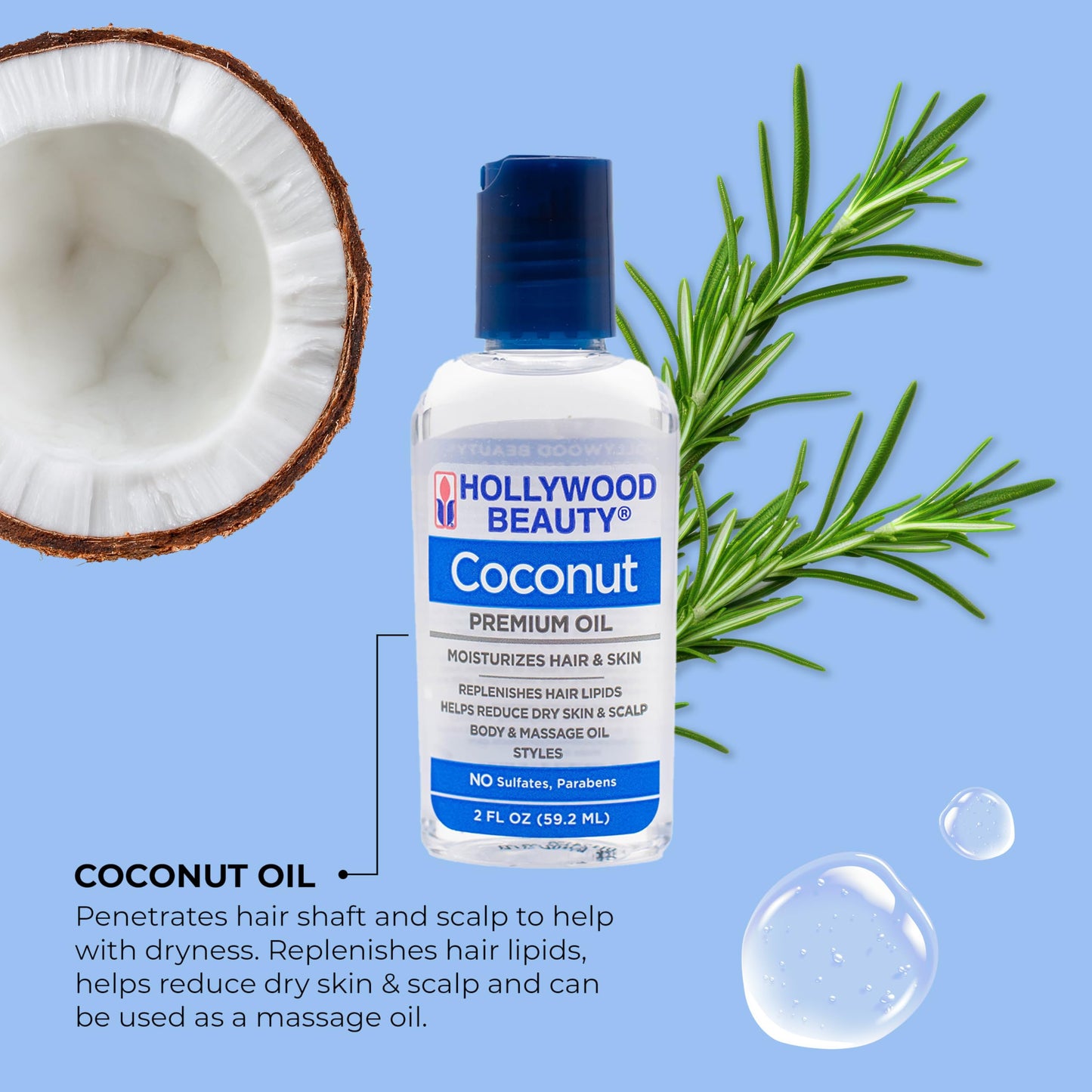 Hollywood Beauty Coconut Hair Oil, 2 oz - Moisturizes Hair & Skin, Replenishes Hair Lipids, Body & Massage Oil, Relieves Scalp Dryness, Reduces Beauty & Personal Care Hollywood Beauty