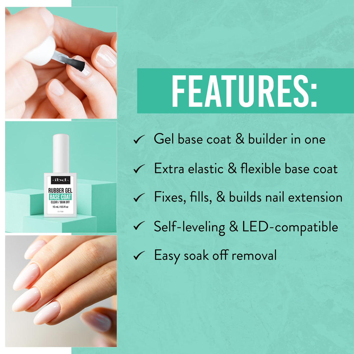 IBD Rubber Base Gel Nail Polish, Base Coat - Clear Soak-Off Builder Gel for Nails Strengthening & Breakage Prevention, 0.5 fl oz