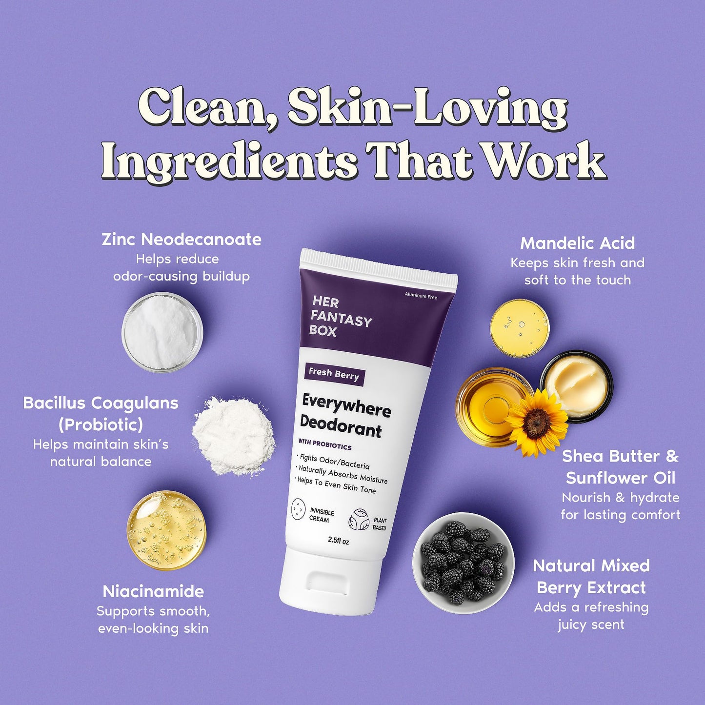 Her Fantasy Box - Everywhere Deodorant - with Probiotics - Berry Scent - Aluminum-Free, Naturally Absorbs Moisture - Fights Odor & Bacteria Beauty and Personal Care Her Fantasy Box
