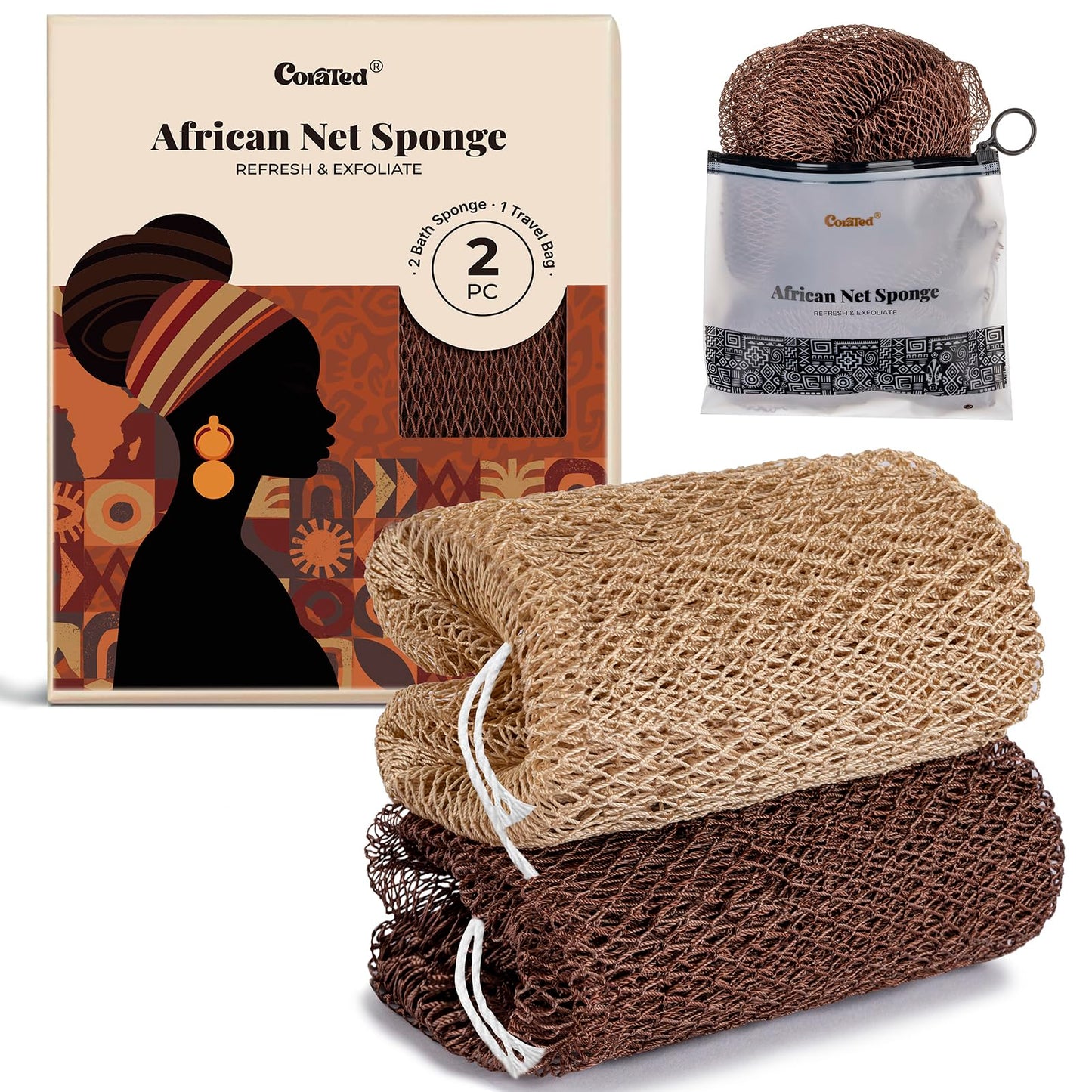 CORATED African Net Sponge Authentic, Shower Loofah Exfoliating Bath Sponge, Body Scrubber for Women and Men Daily Use Body Care, Travel Portable Bath Beauty and Personal Care CORATED