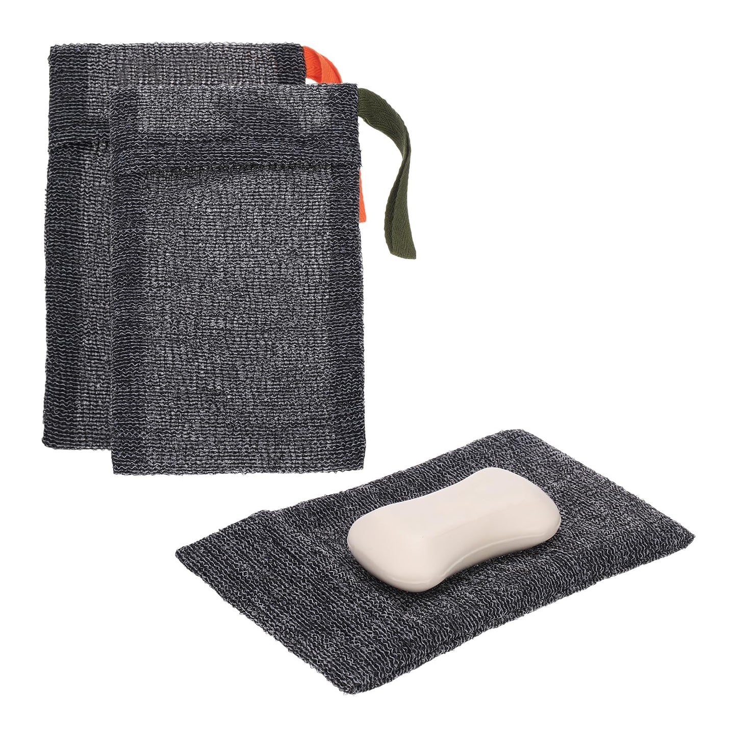 uxcell Loofah Soap Pouch, 2 Pcs Bar Soap Saver Bag with Orange/Dark Green Handle Nylon Body Scrubber Pouch Exfoliating Net for Body Shower Foaming Beauty and Personal Care uxcell