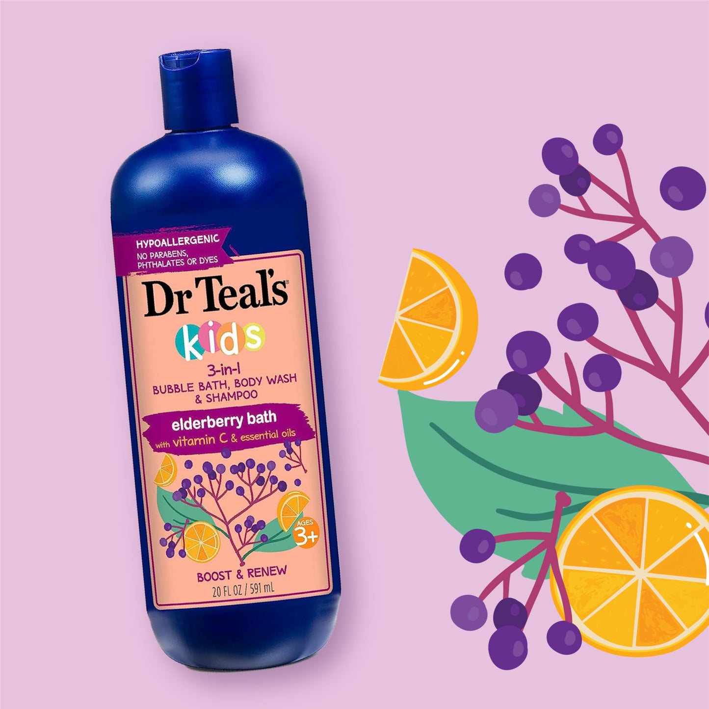 Dr Teal's Kids 3-in-1 Bubble Bath, Body Wash & Shampoo, Boost & Renew Elderberry with Vitamin C, 20 fl oz. (Pack of 3) Beauty & Personal Care Dr Teal's