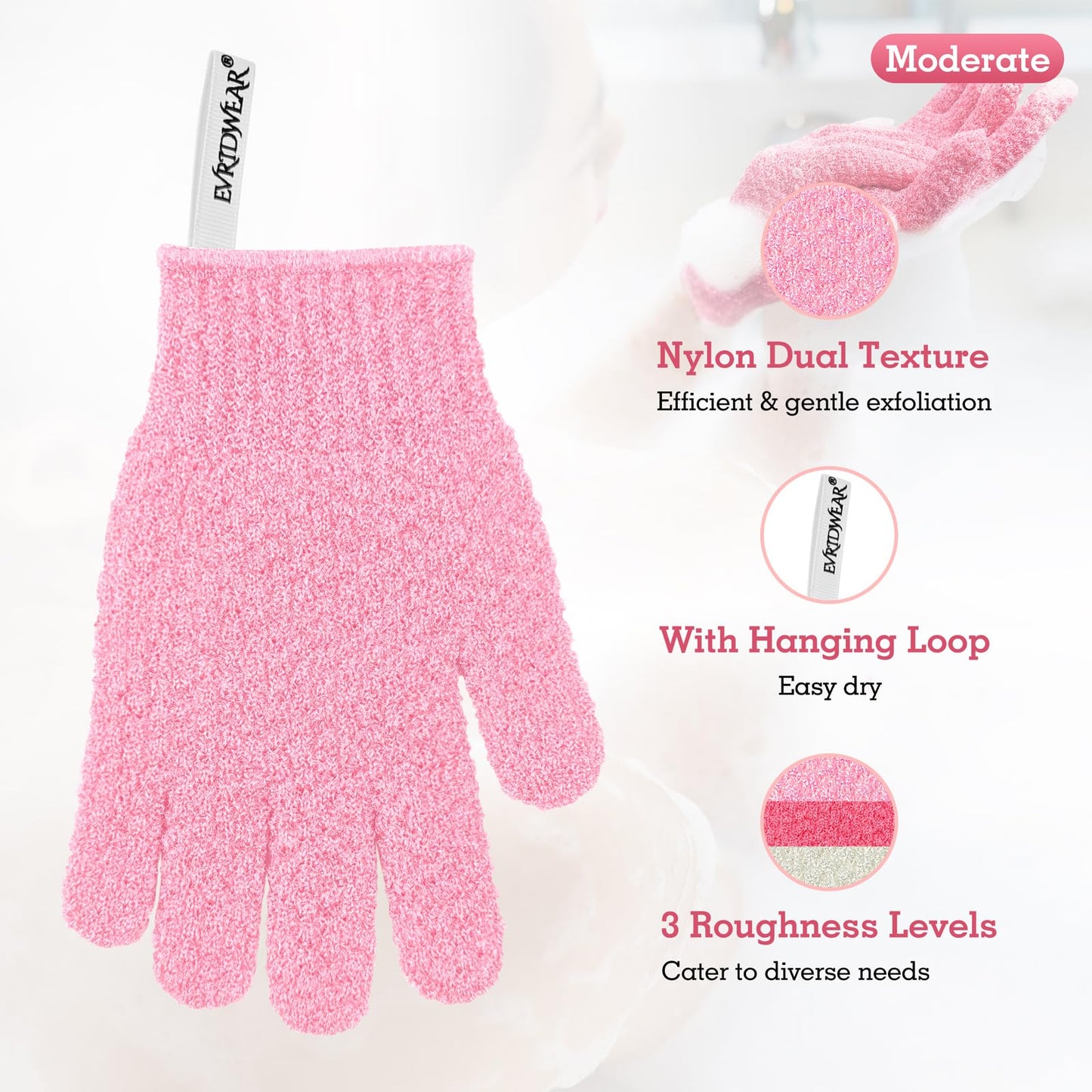 Evridwear Exfoliating Glove Shower Gloves Exfoliate Dead Skin for Dry Sensitive Skin No Irritation with Hanging Loop (Pink Moderate Exfoliation) Beauty & Personal Care Evridwear
