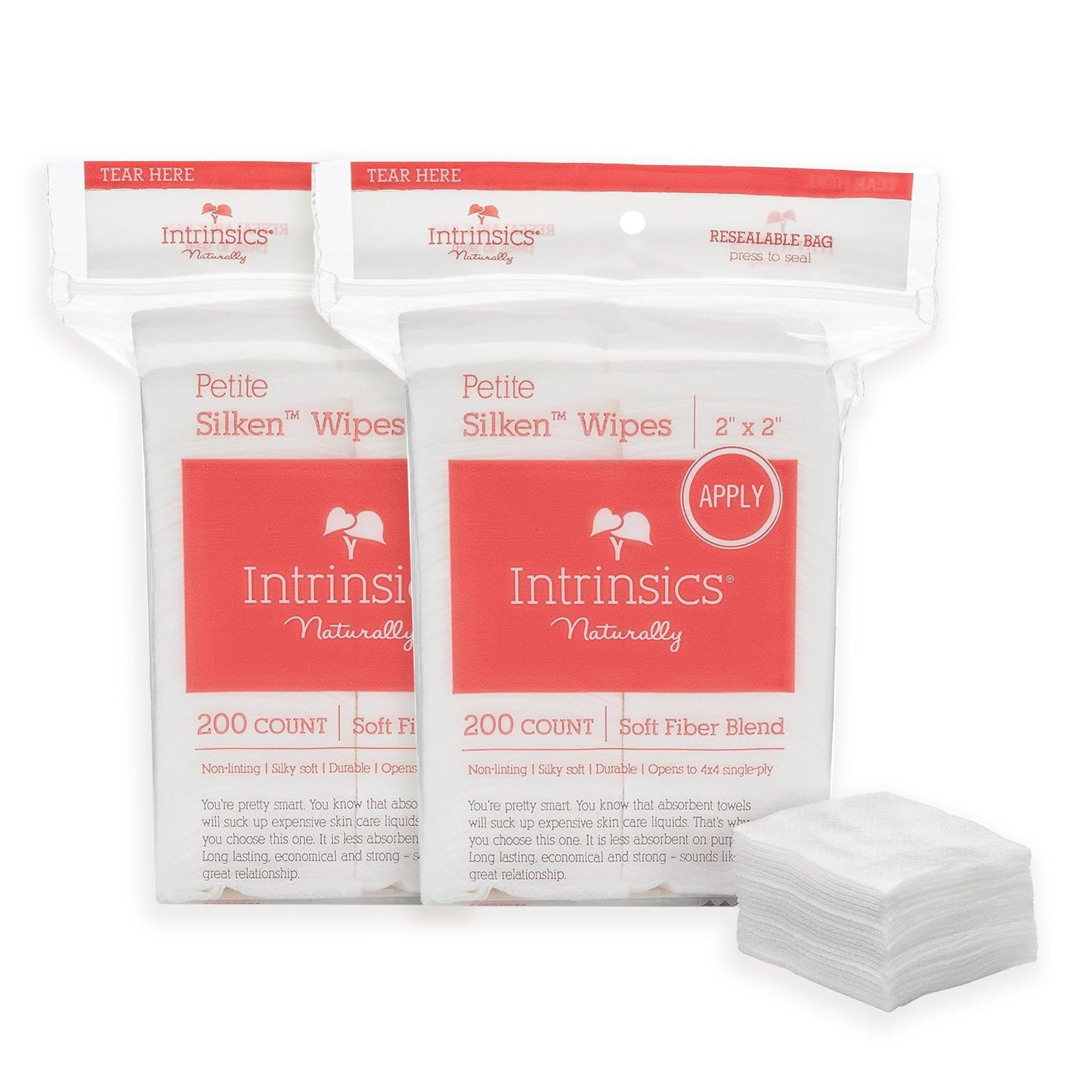 Intrinsics Petite Silken 2x2 Esthetic Wipes 2 Pack (400 Count) | 4-Ply Premium Lint-Free Facial Wipes & Cotton Pads for Face | Low-Absorbency Face Beauty and Personal Care Intrinsics