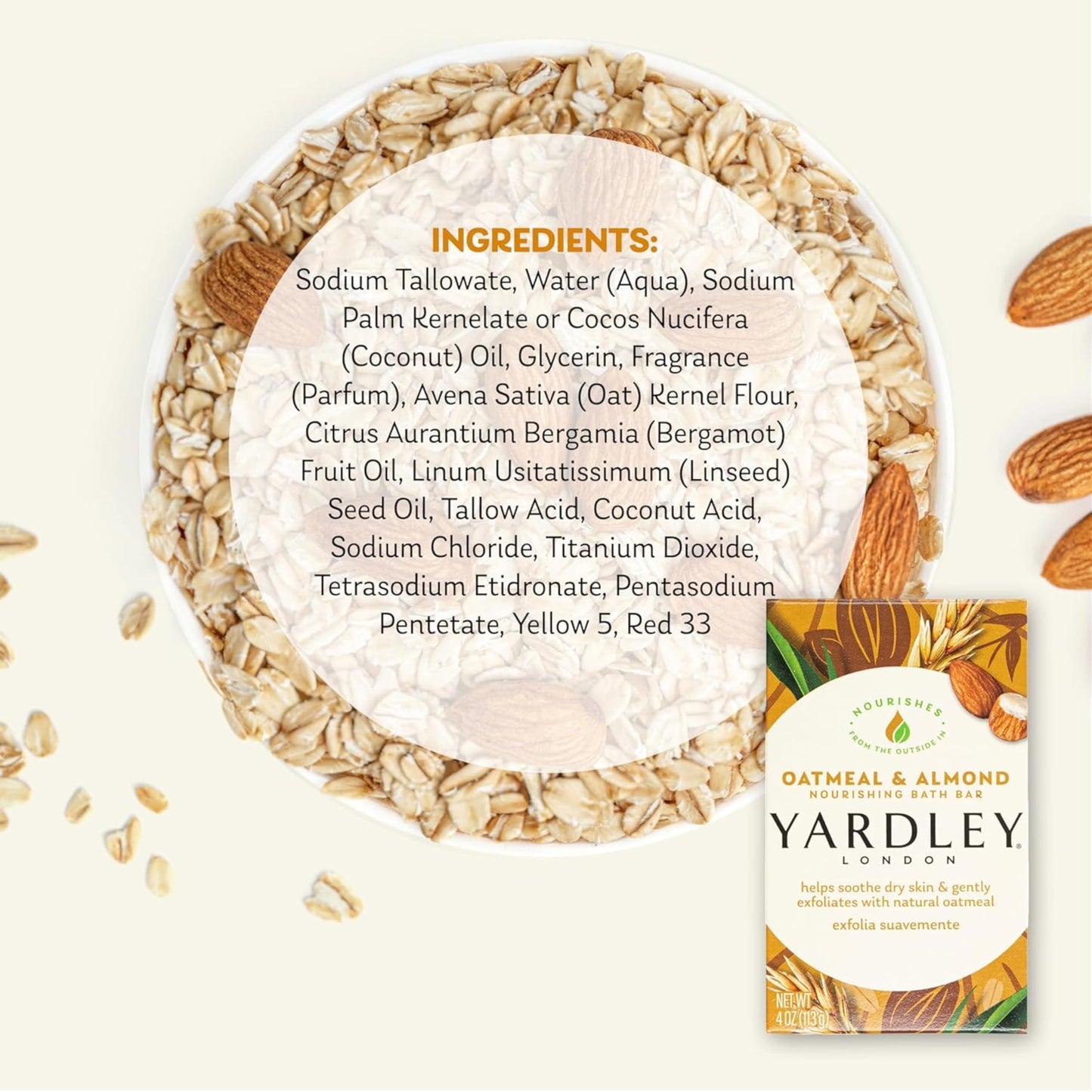 Yardley London Moisturizing Bar Oatmeal & Almond with Natural Oats 4.0 oz (Pack of 6) Beauty & Personal Care Yardley