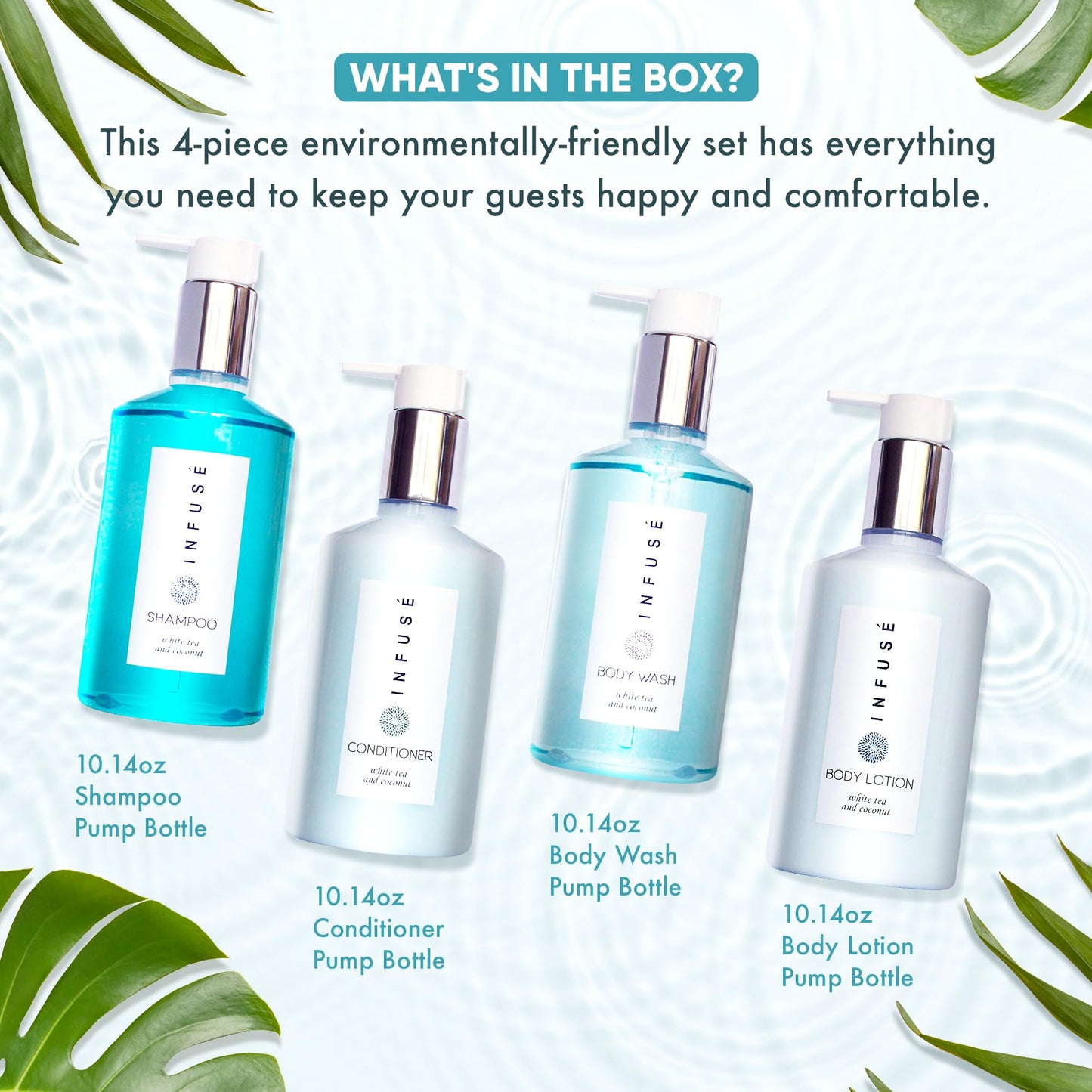 1-Shoppe Infuse 4 Piece Ecobox All-In-Kit | White Tea and Coconut Soap | 1 Shampoo, 1 Conditioner, 1 Body Wash and 1 Lotion | 10.14 oz Hotel Soaps Beauty & Personal Care Terra Pure