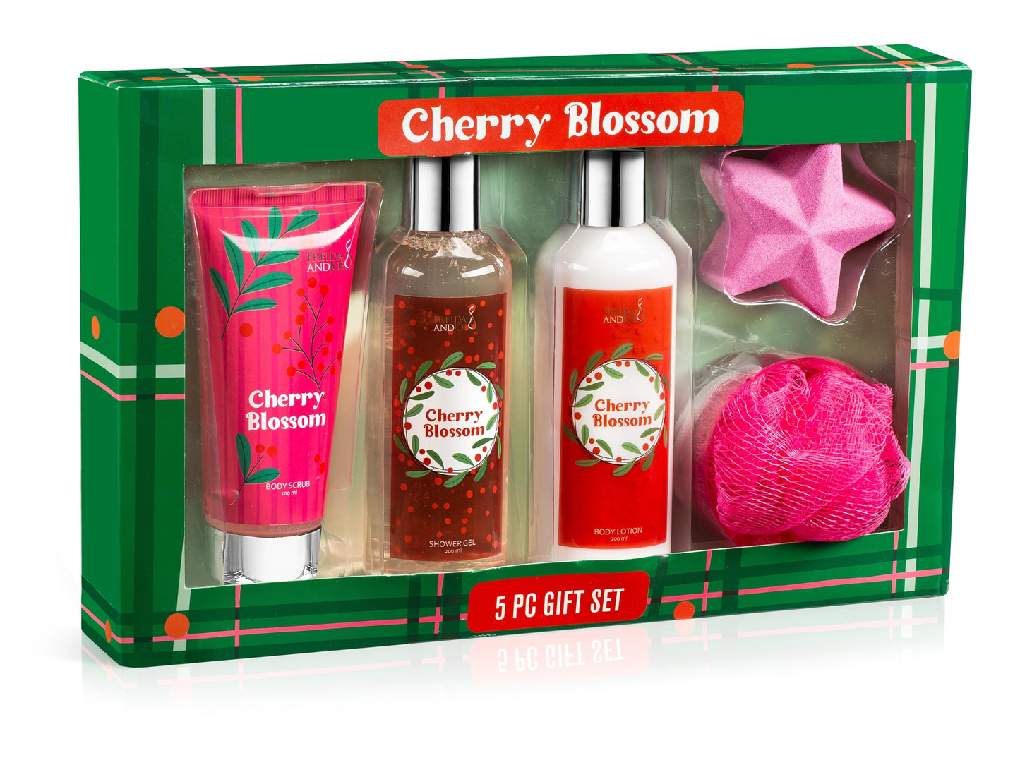 Fragrance Bath & Body Collection Gift Box, Includes Shower Gel, Body Lotion, Body Scrub, Bath Bomb & Sponge (Cherry Blossom) Beauty and Personal Care Freida and Joe