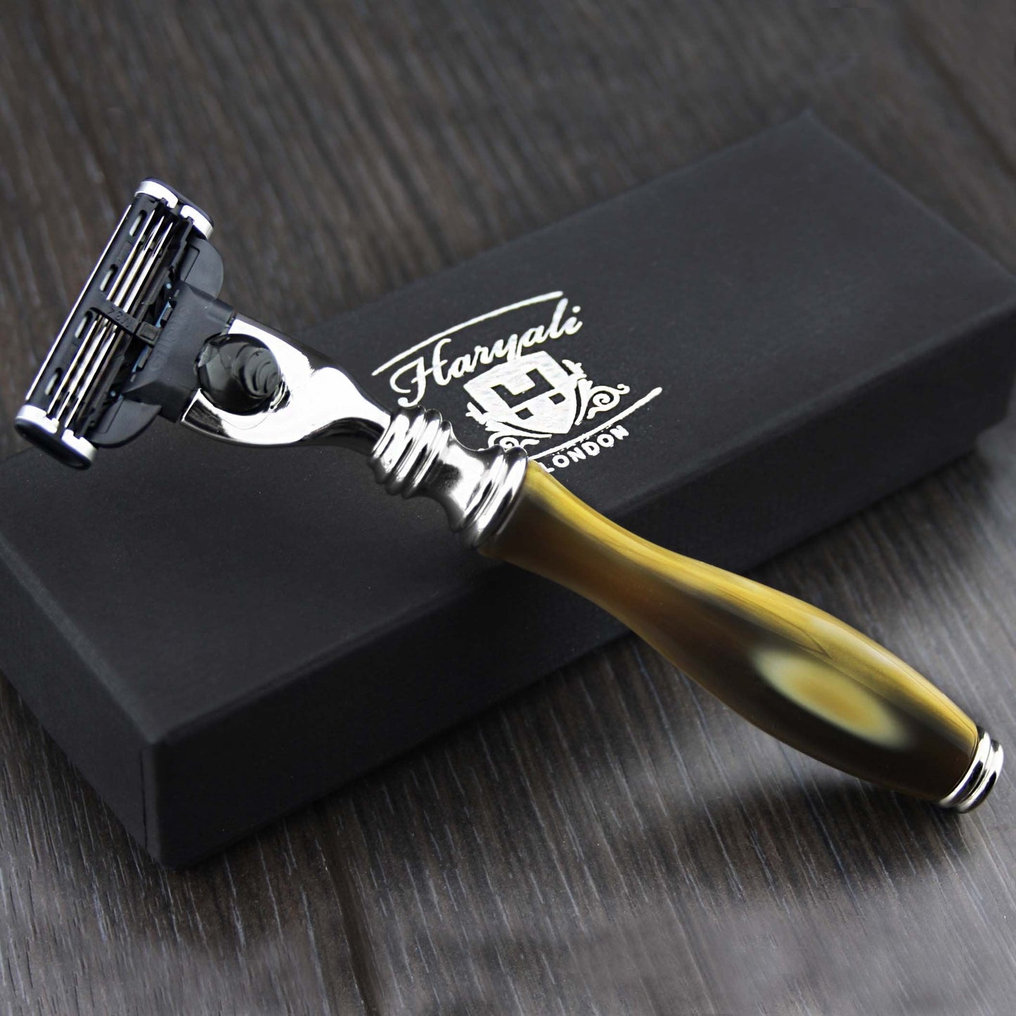 Haryali London 3 Edge Shaving Razor With Hand Assembled Imitation Horn Handle Beard and Mustache Safety Razor For Mens Perfect Shave Beauty and Personal Care Haryali London