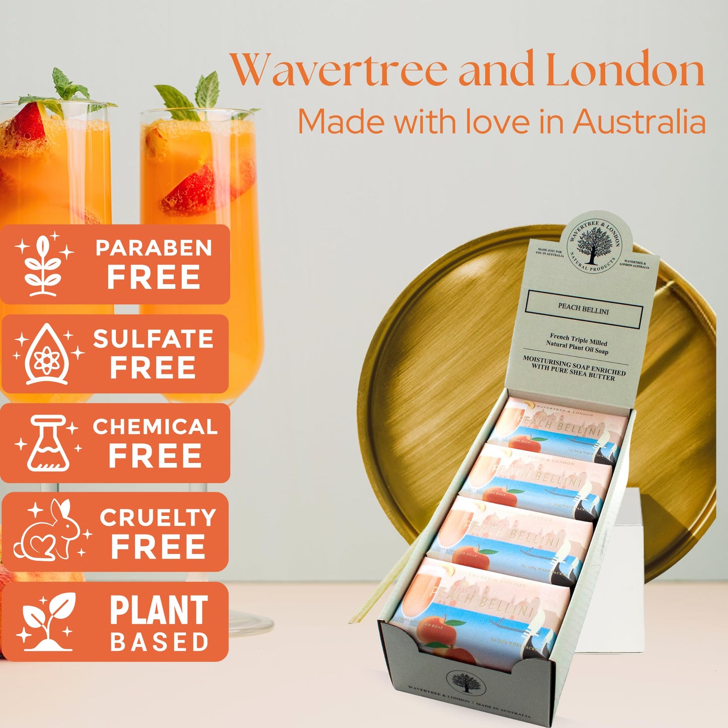 Wavertree & London Peach Bellini Scented Natural Soap (8 Bars), 7oz Moisturizing French Triple Milled Soap Bars enriched with shea butter - Pure Plant Beauty & Personal Care Wavertree & London