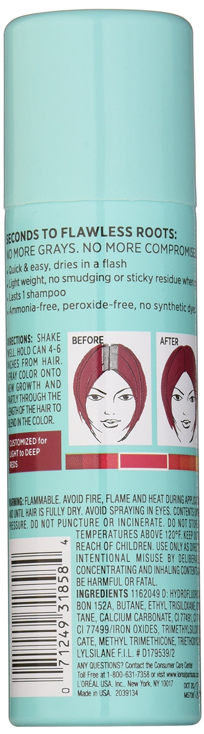 L'Oreal Paris Hair Color Root Cover Up Temporary Gray Concealer Spray, Red, 2 Ounce (Packaging May Vary) Beauty & Personal Care L'Oreal Paris
