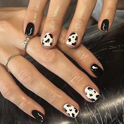BABALAL Square Press-on Short Cow Print Nails - 24Pcs Cute Squoval Fake Glossy Black Acrylic Nails for Women and Girls Beauty & Personal Care BABALAL